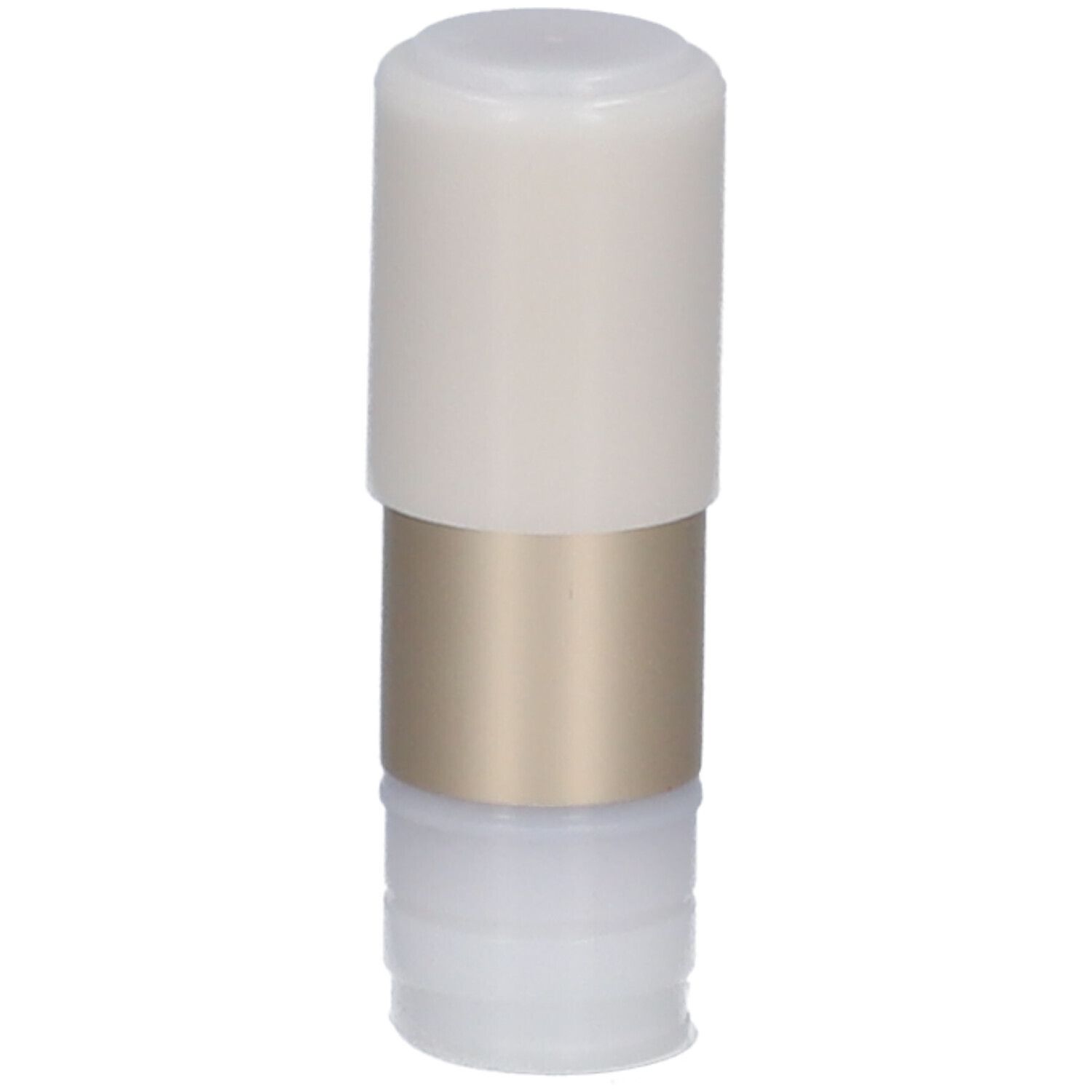 Lippenstift-Nachfüllpackung. Weißer Deckel, goldener Mittelteil, unterer Teil transparent.