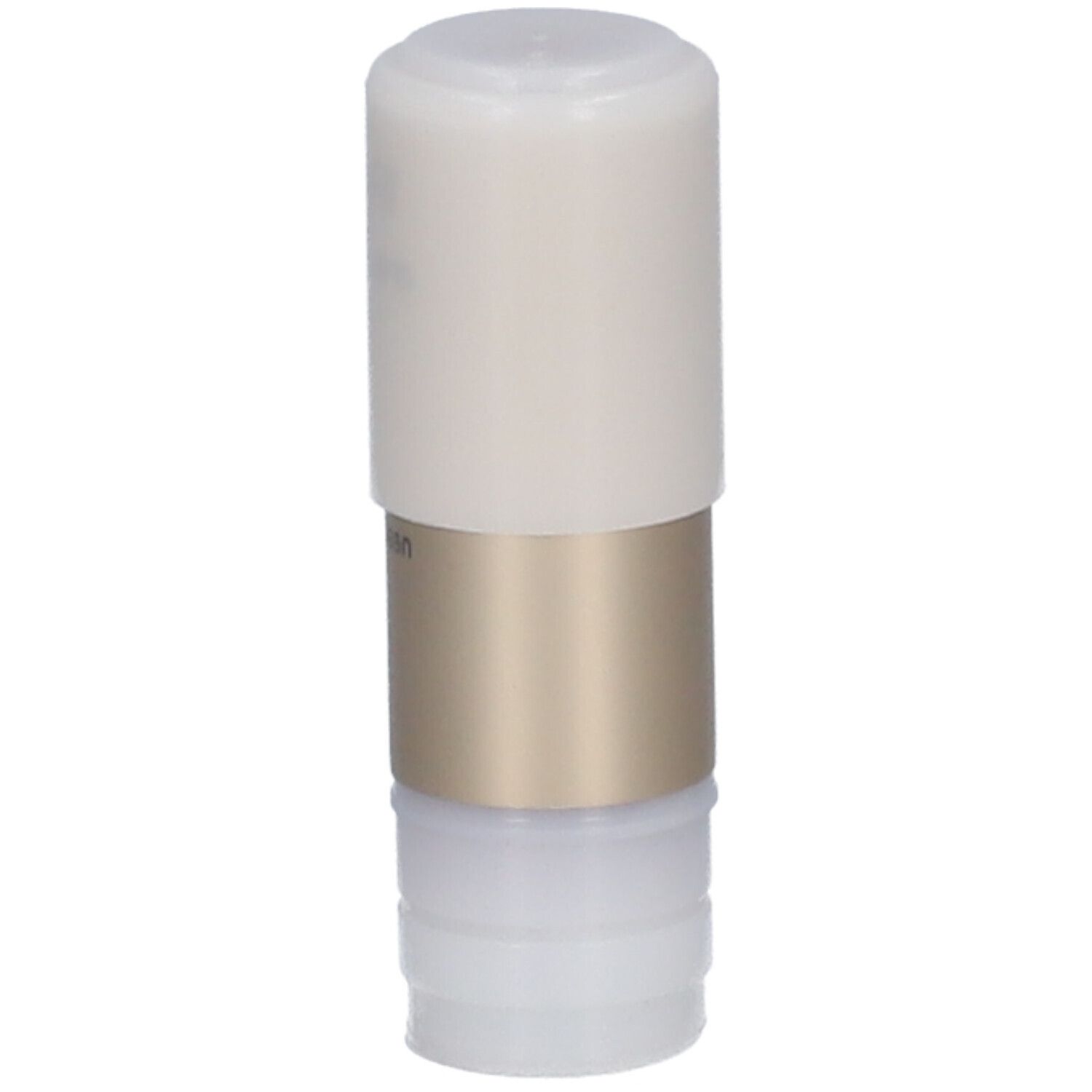 Lippenstift-Nachfüllpackung. Weißer Deckel, goldener Mittelteil, unterer Teil transparent.
