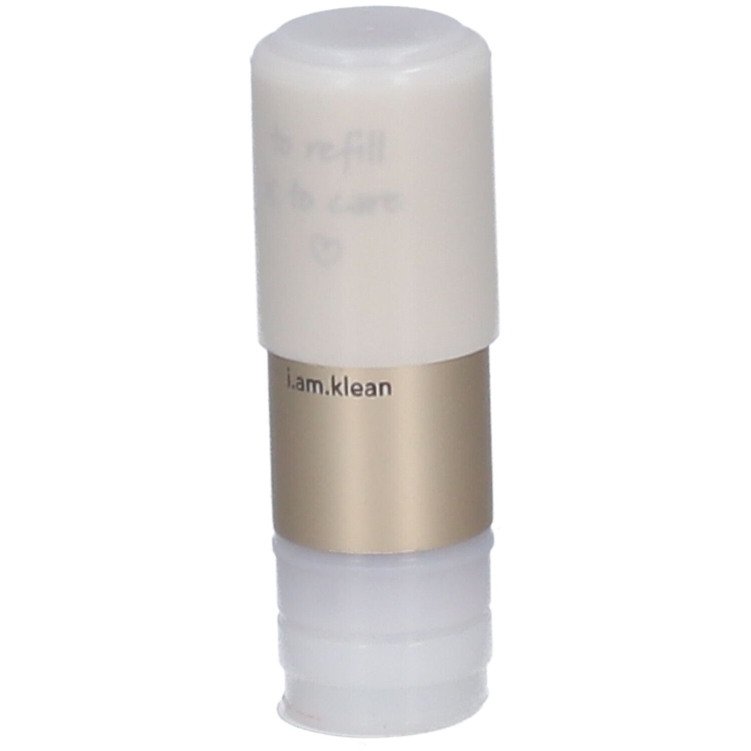 Lippenstift-Nachfüllpackung. Weißer Deckel, goldener Mittelteil, unterer Teil transparent. Schriftzug: i.am.klean.