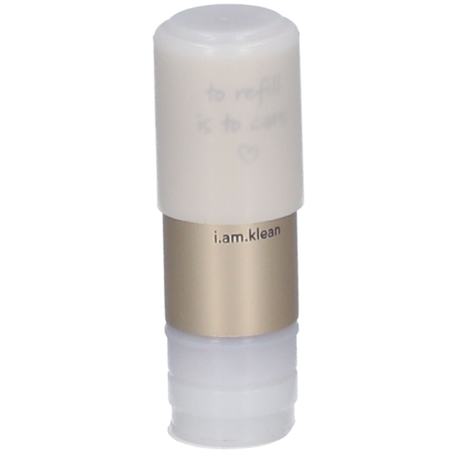 Lippenstift-Nachfüllpackung. Weißer Deckel, goldener Mittelteil, unterer Teil transparent. Schriftzug: i.am.klean.