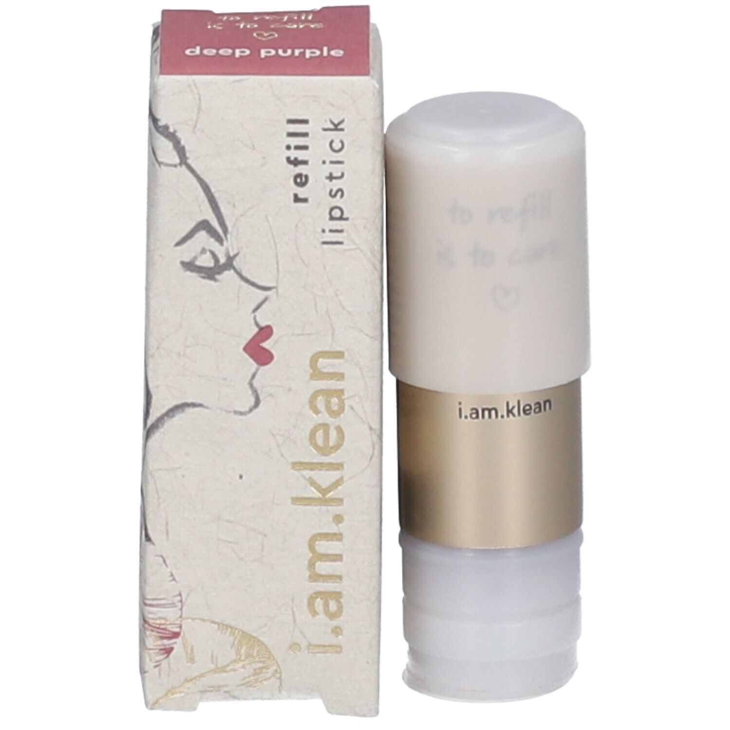 Lippenstift-Nachfüllpackung und Verpackung. Verpackung mit Gesichtsskizze und Schriftzug: i.am.klean, deep purple.