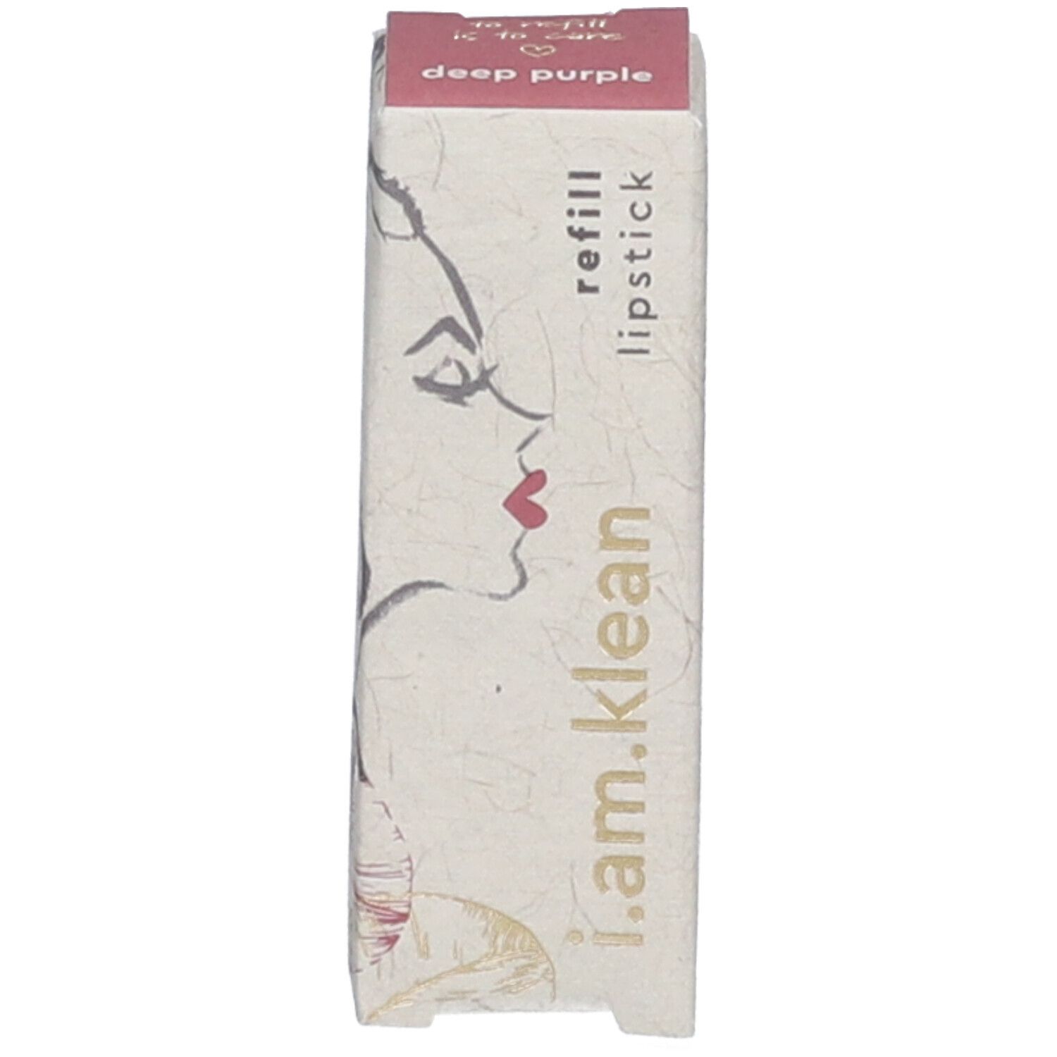 Verpackung für Lippenstift-Nachfüllpackung. Gesichtsskizze, Schriftzug: i.am.klean, deep purple, refill lipstick.