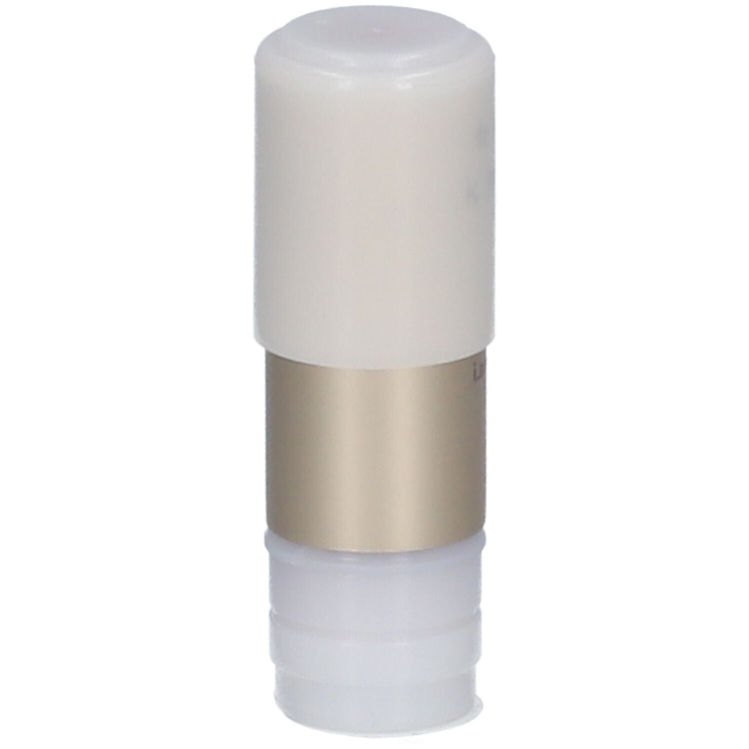 Lippenstift-Nachfüllpackung. Zylindrische Form, weißer Deckel, goldfarbener Mittelteil, weißer Boden. Aufschrift: i.am.klean.
