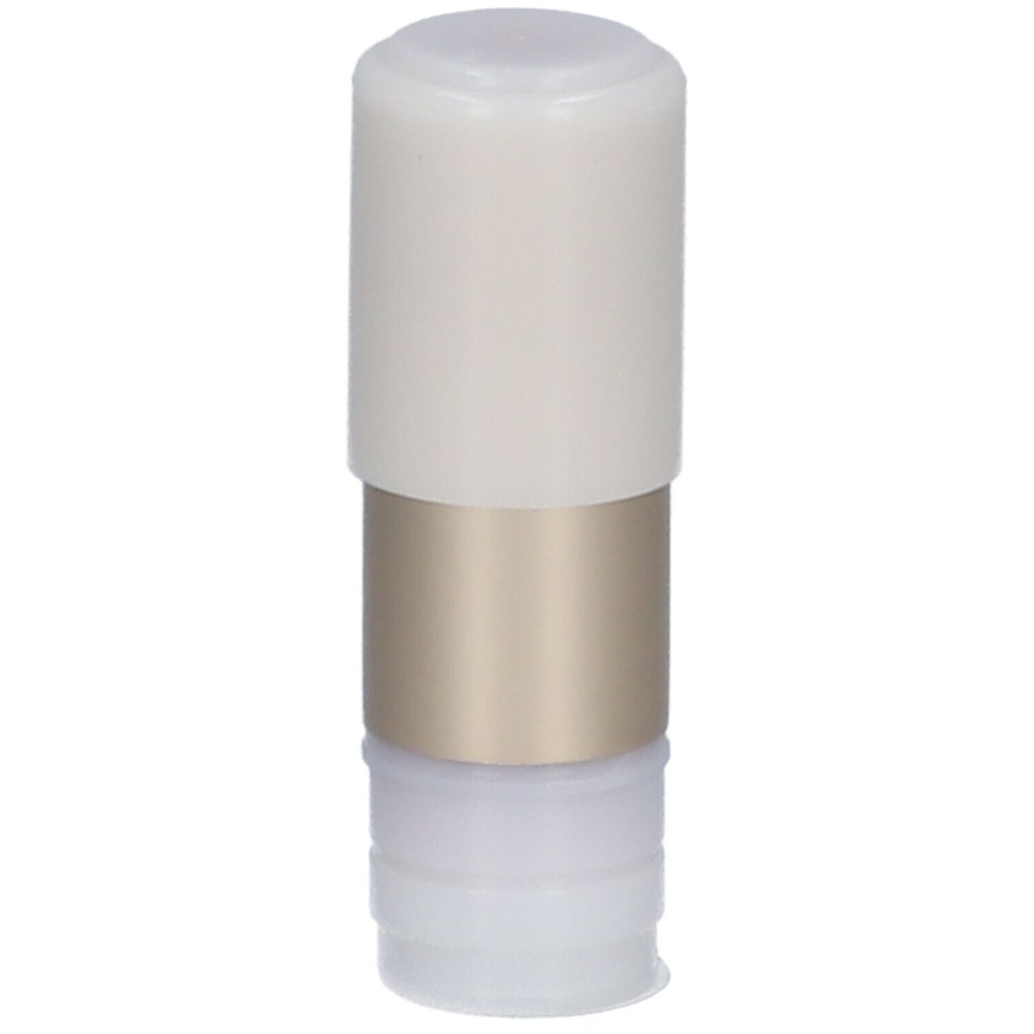 Lippenstift-Nachfüllpackung. Zylindrische Form, weißer Deckel, goldfarbener Mittelteil, weißer Boden. Aufschrift: i.am.klean.