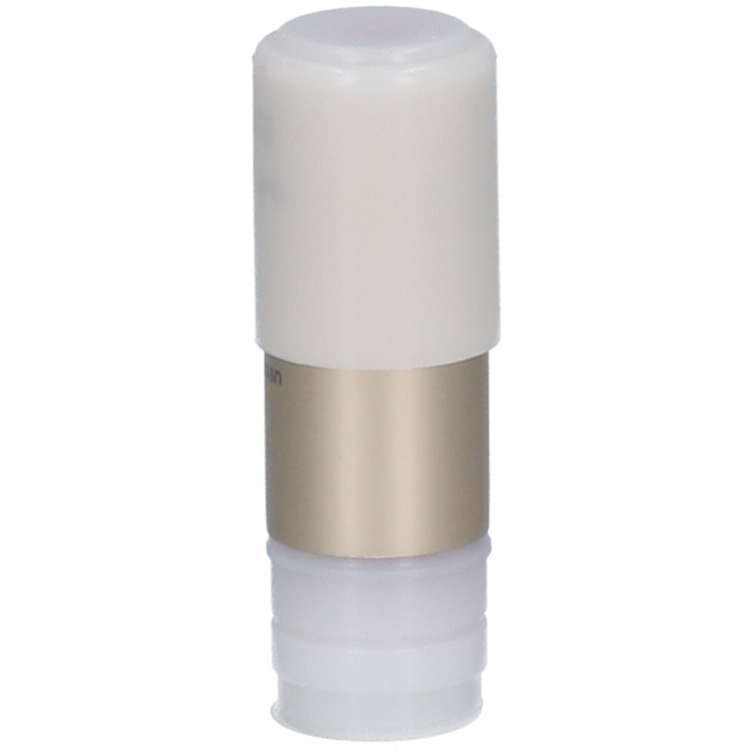 Lippenstift-Nachfüllpackung. Zylindrische Form, weißer Deckel, goldfarbener Mittelteil, weißer Boden. Aufschrift: i.am.klean.