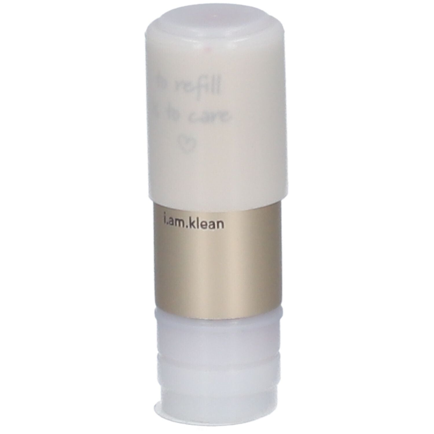 Lippenstift-Nachfüllpackung. Zylindrische Form, weißer Deckel, goldfarbener Mittelteil, weißer Boden. Aufschrift: i.am.klean.