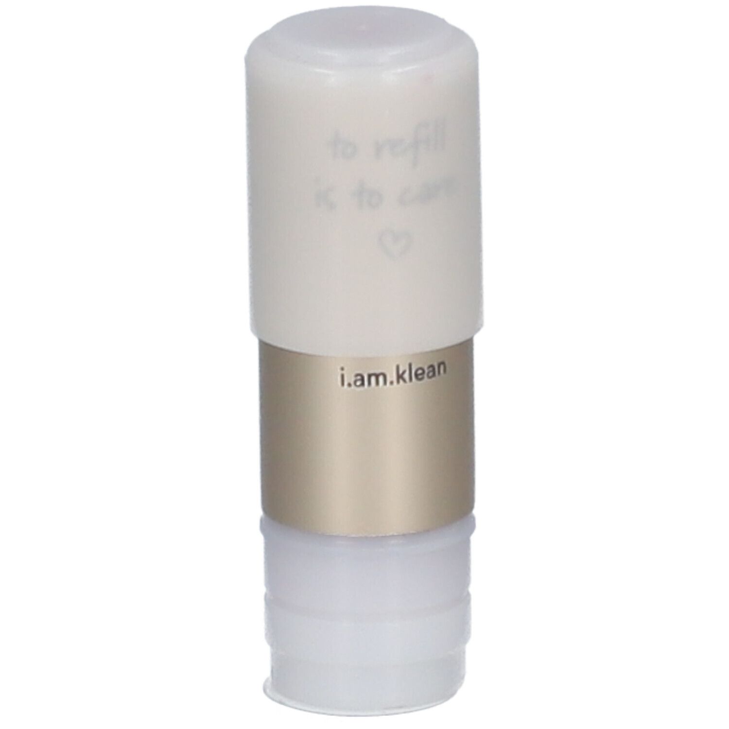 Lippenstift-Nachfüllpackung. Zylindrische Form, weißer Deckel, goldfarbener Mittelteil, weißer Boden. Aufschrift: i.am.klean.