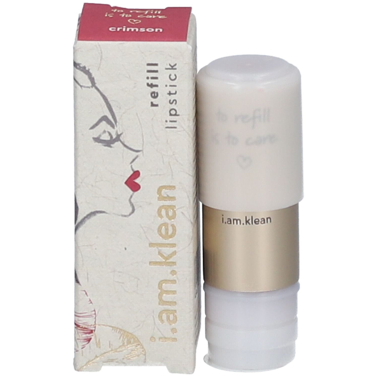 Lippenstift-Nachfüllpackung und Verpackung. Zylindrische Form, weißer Deckel, goldfarbener Mittelteil, weißer Boden. Aufschrift: i.am.klean.