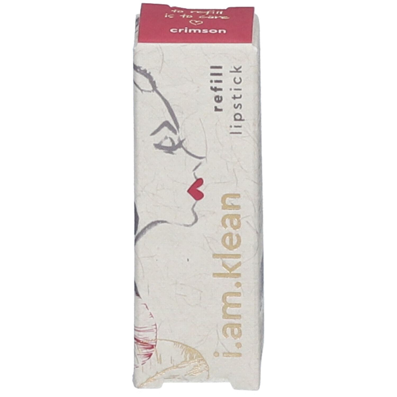Verpackung für Lippenstift-Nachfüllpackung. Rechteckig, cremefarben, mit Zeichnung und Schriftzug. Aufschrift: i.am.klean.