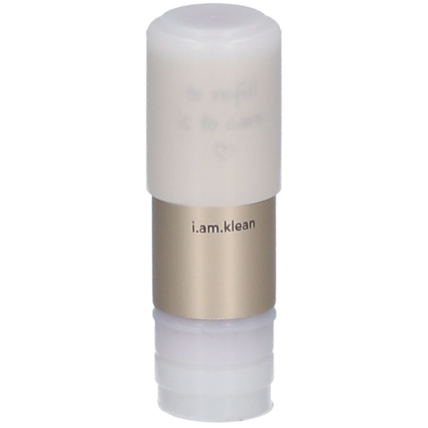 Lippenstift-Nachfüllpackung, zylindrisch, weiß-goldfarben. Aufschrift: i.am.klean.