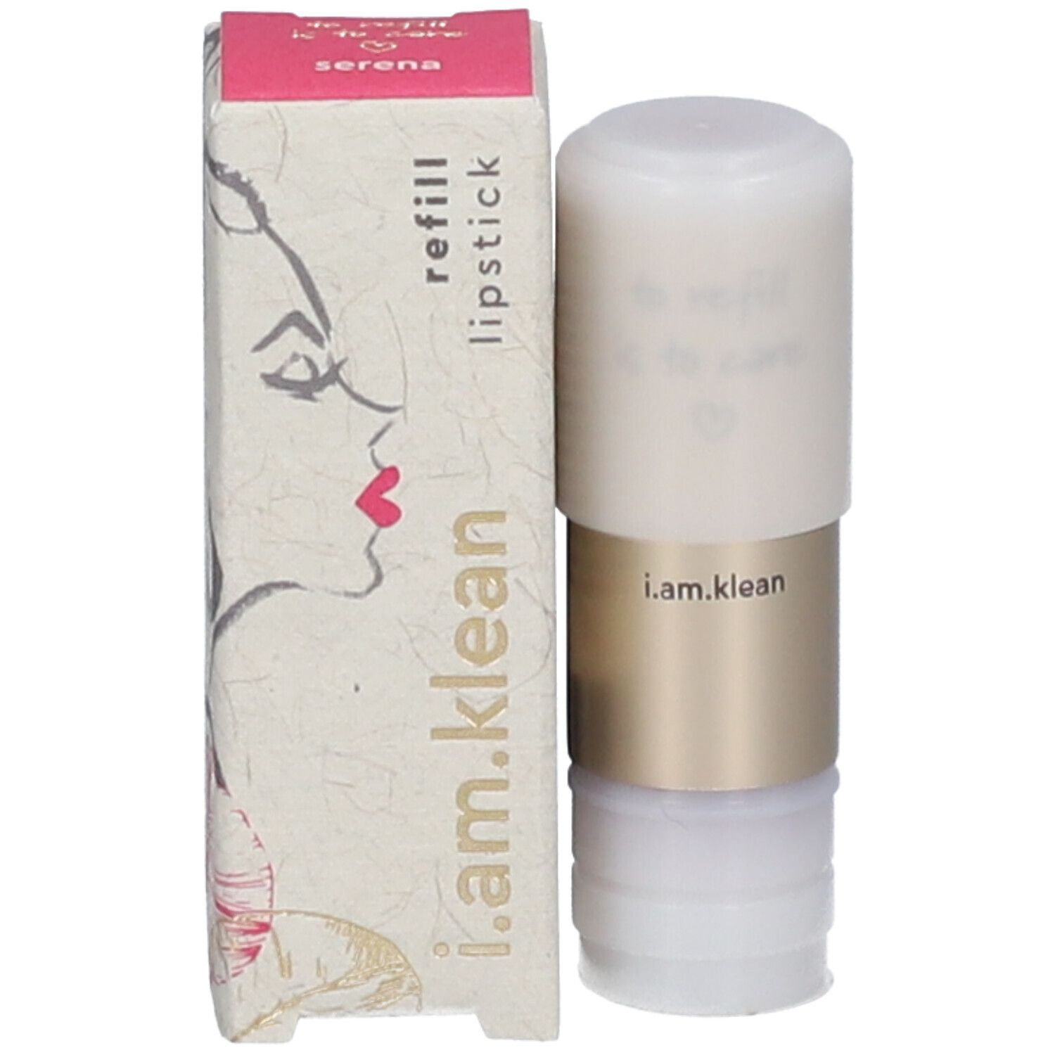 Lippenstift-Nachfüllpackung und Verpackung. Aufschrift: i.am.klean, refill lipstick, serena.
