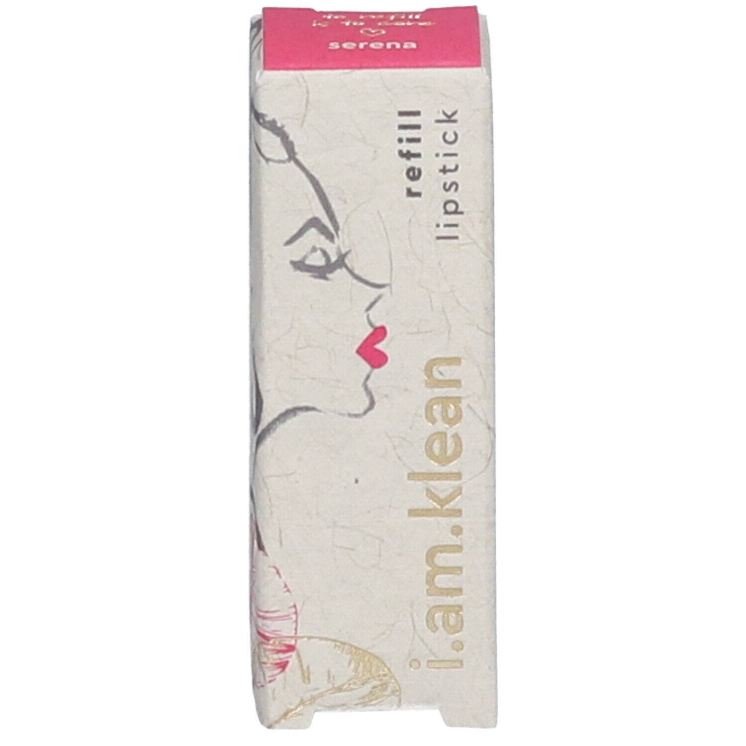 Verpackung für Lippenstift-Nachfüllpackung. Aufschrift: i.am.klean, refill lipstick, serena.