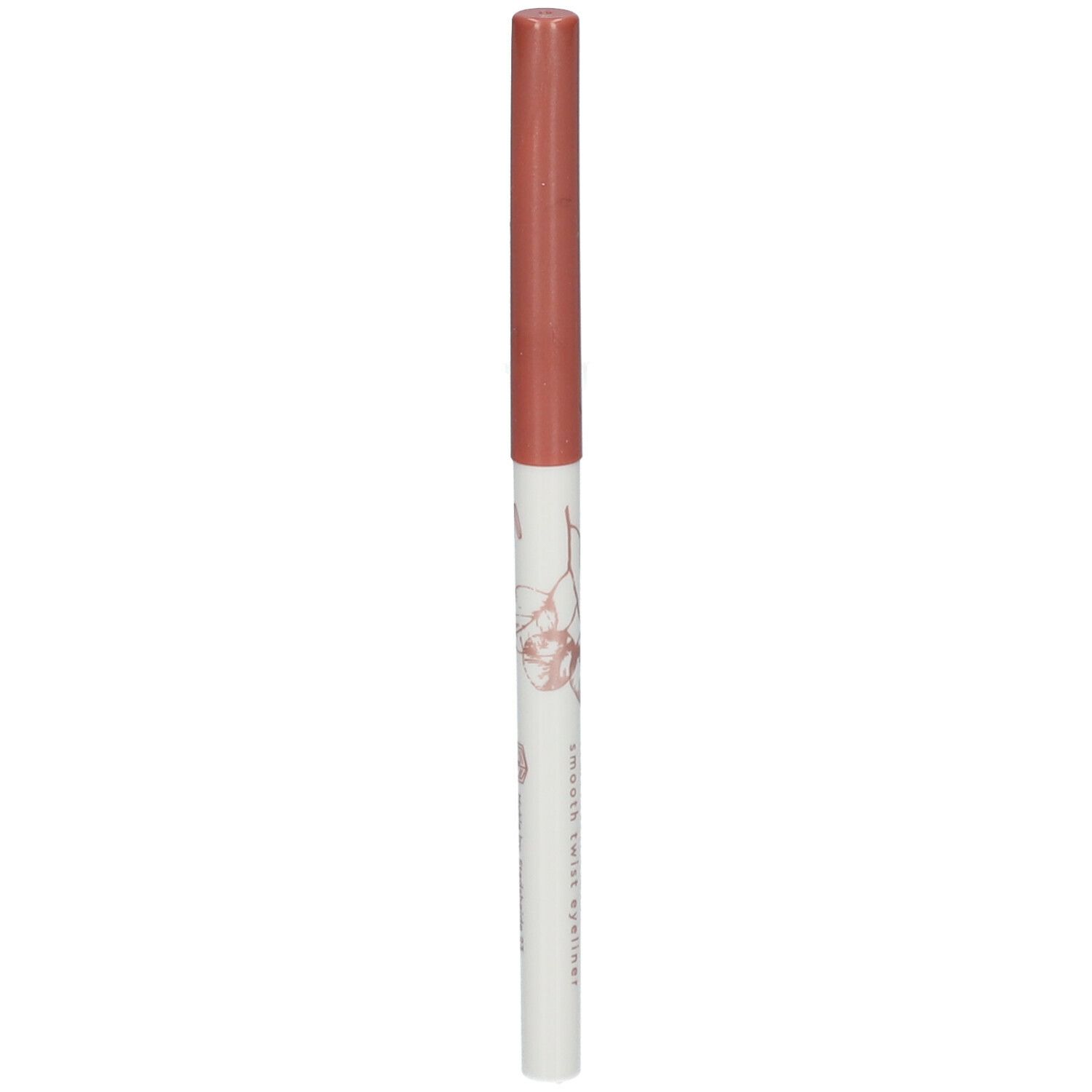 Crayon eyeliner rose. Corps blanc avec motif floral et texte. Pointe et capuchon roses.