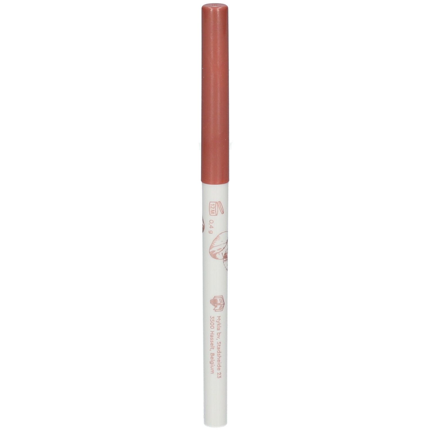 Crayon eyeliner rose. Corps blanc avec motif floral et texte. Pointe et capuchon roses.