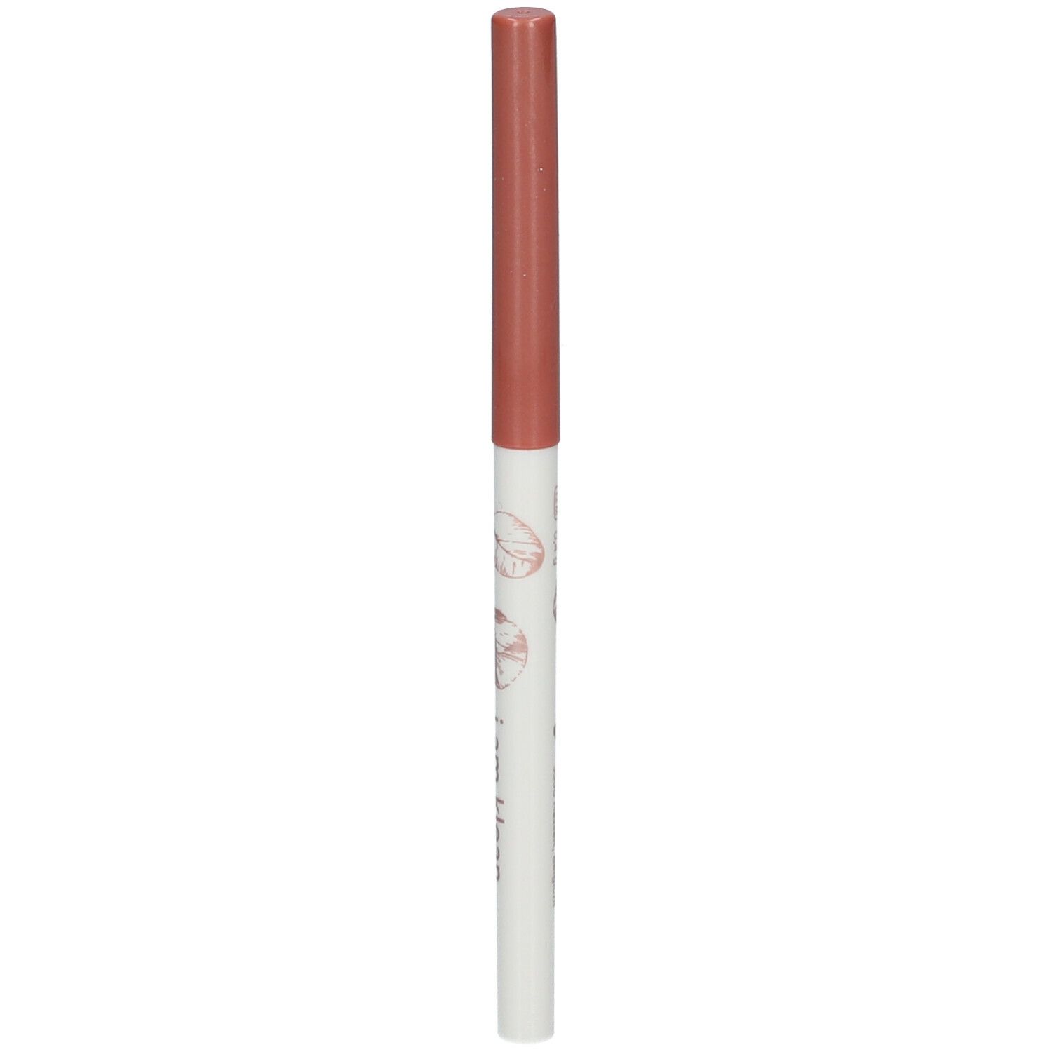Crayon eyeliner rose. Corps blanc avec motif floral et texte. Pointe et capuchon roses.