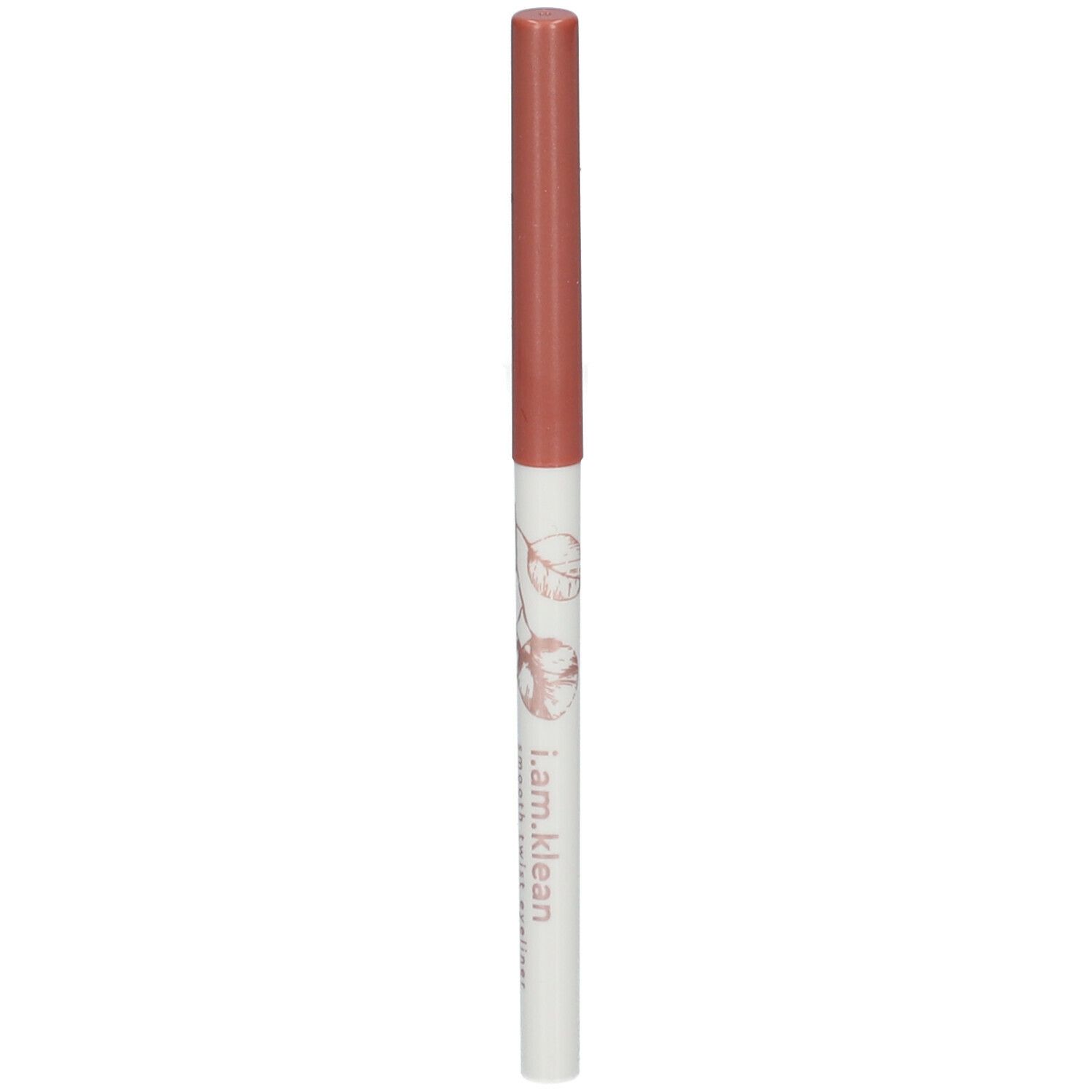 Crayon eyeliner rose. Corps blanc avec motif floral et texte. Pointe et capuchon roses.