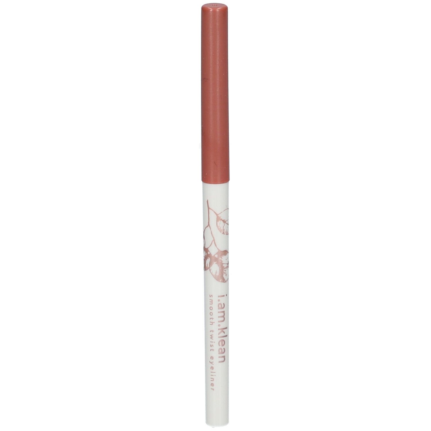 Crayon eyeliner rose. Corps blanc avec motif floral et texte. Pointe et capuchon roses.