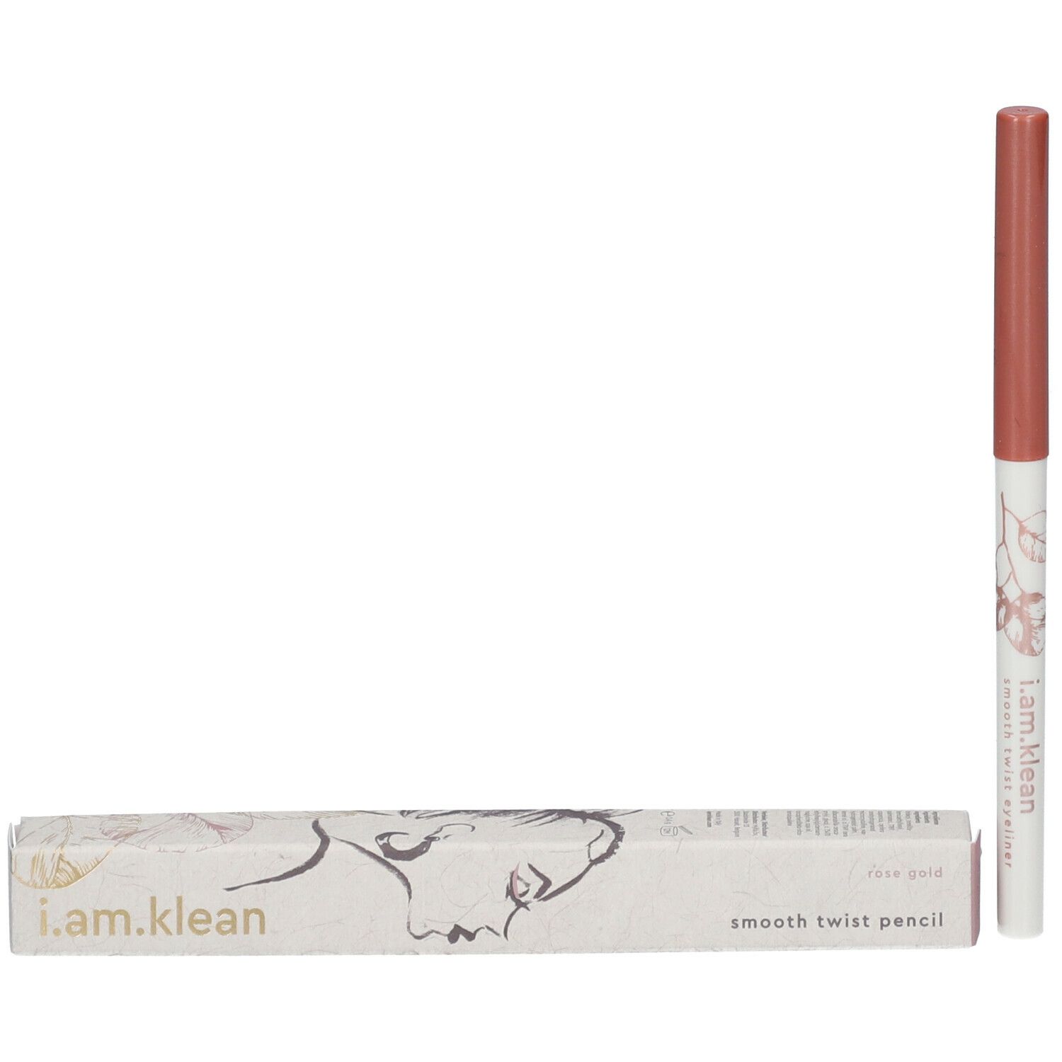 Crayon eyeliner et emballage. Crayon : blanc, floral, rose. Emballage : blanc, floral, texte.