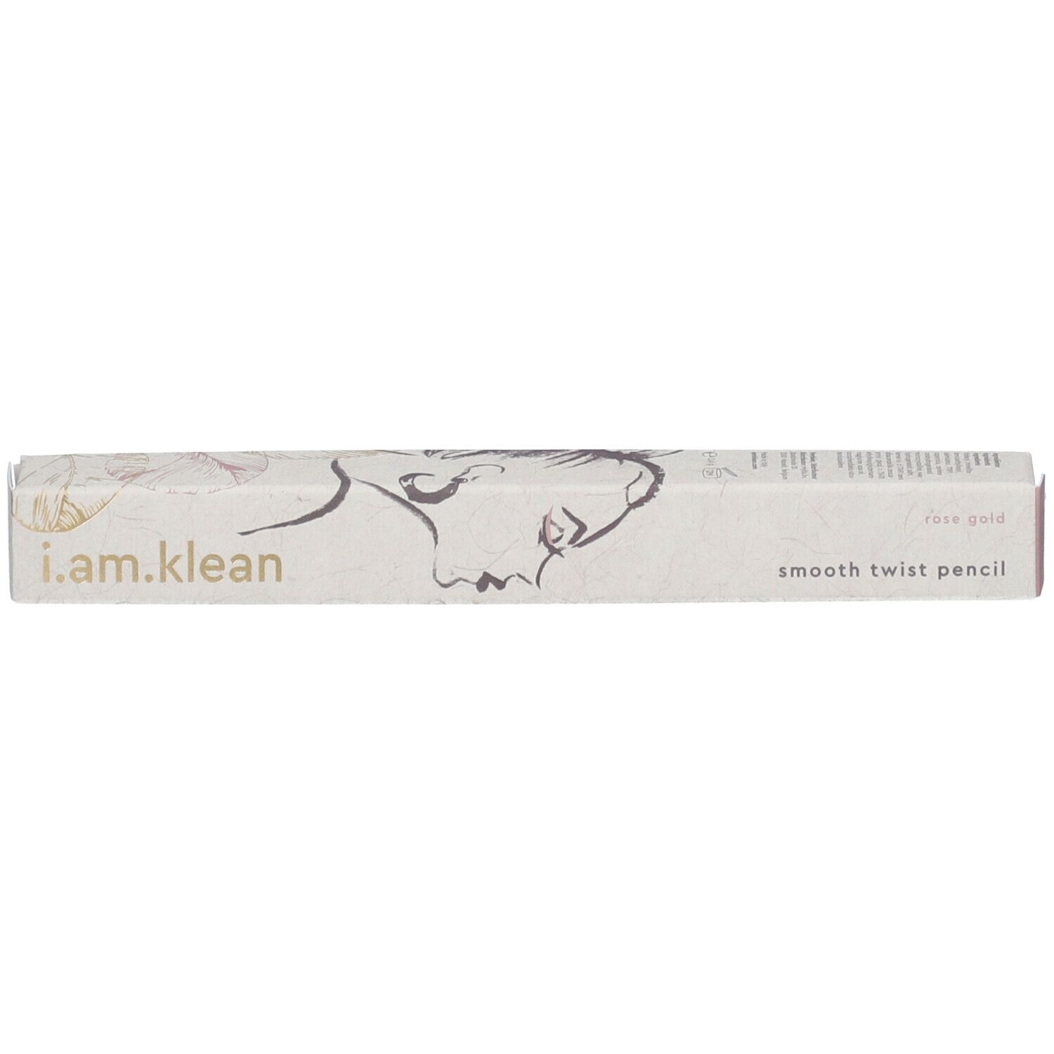 Emballage pour eyeliner. Blanc avec motif floral et texte. Texte : i.am.klean, smooth twist pencil.