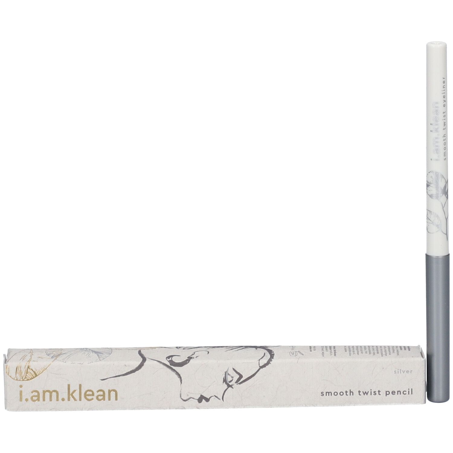 Eyeliner-Stift und Verpackung. Stift: weiß mit silbernem Schaft. Verpackung: weiß mit Aufschrift i.am.klean.