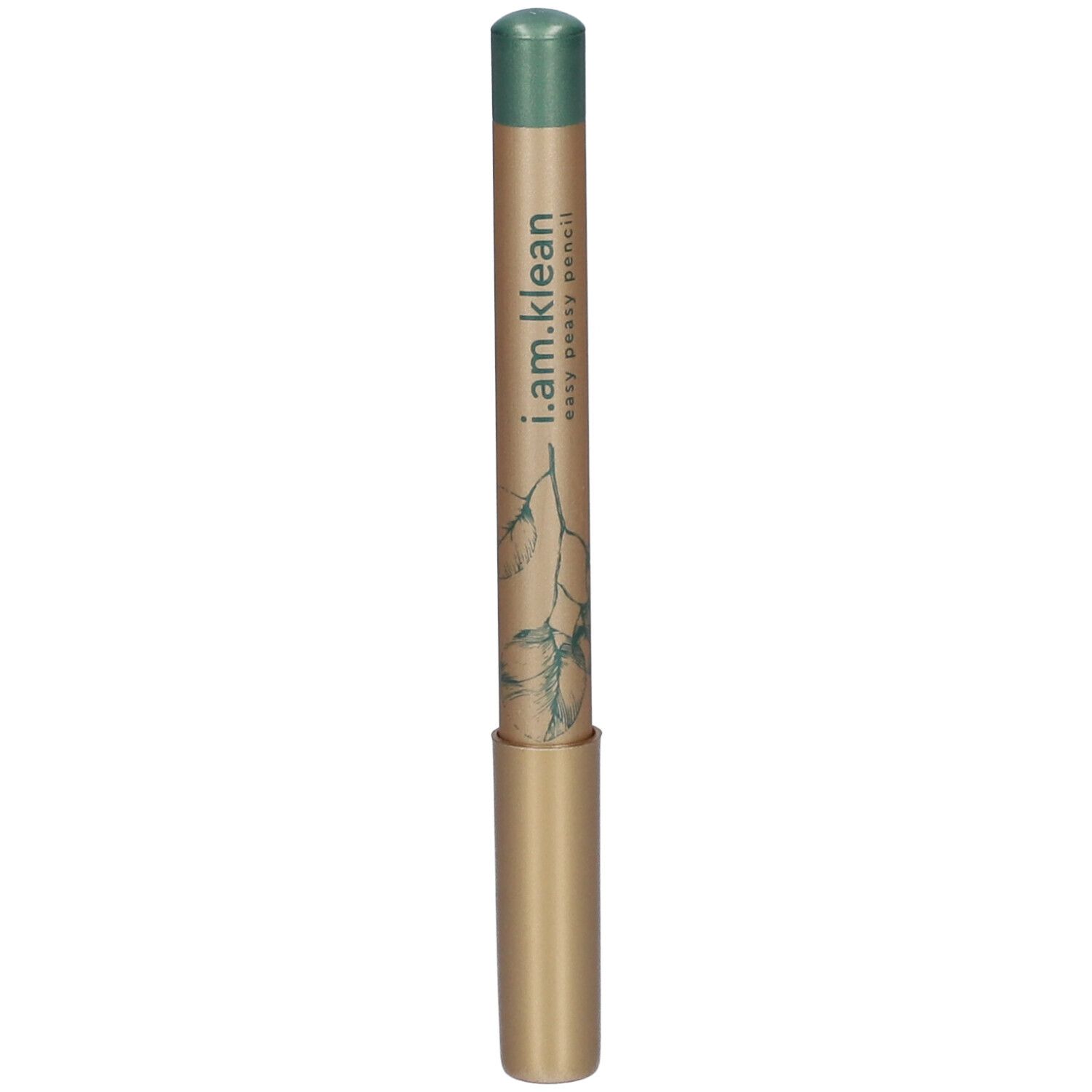 Grüner Bleistift mit goldfarbenem Schaft. Aufschrift: i.am.klean easy peasy pencil. Pflanzliches Design.