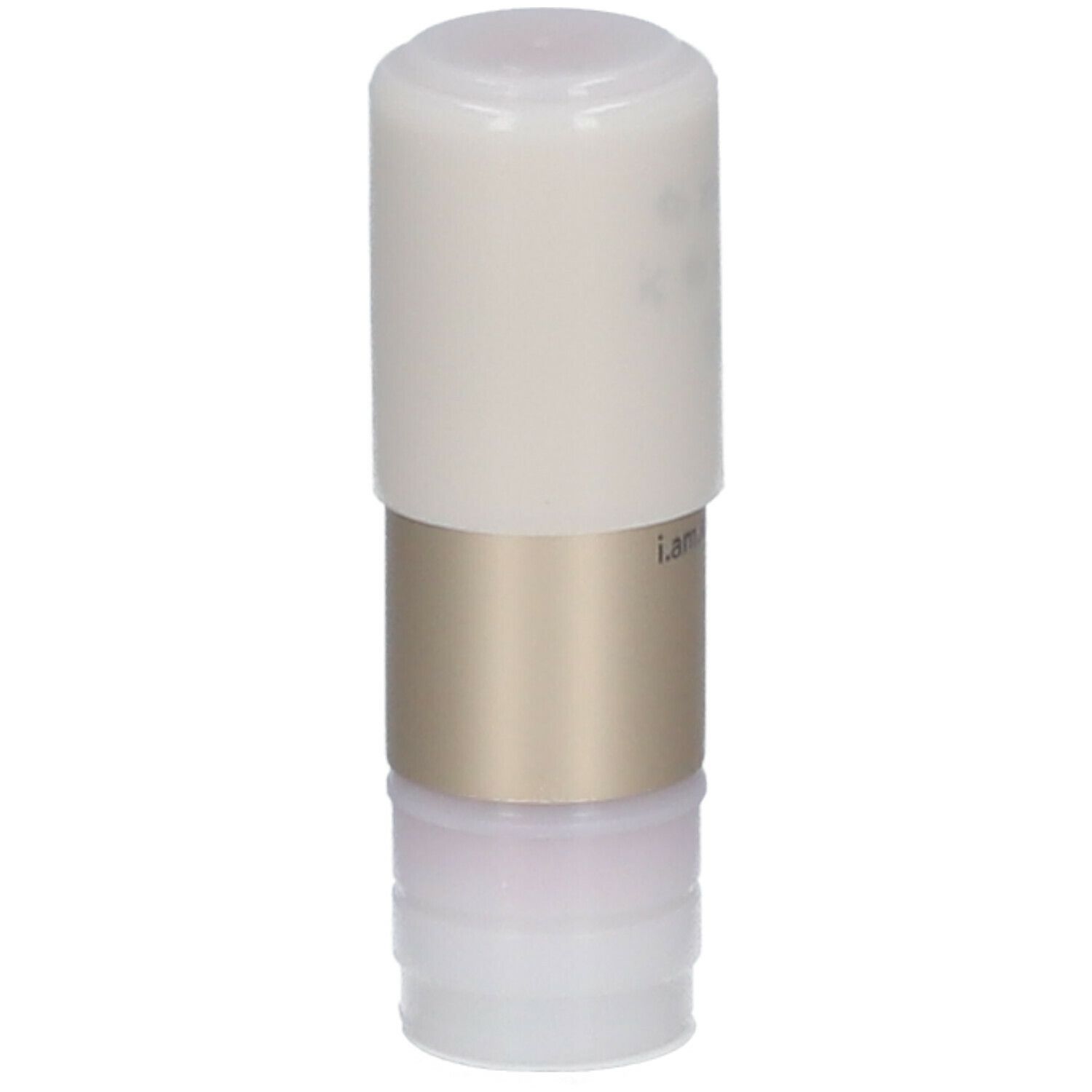 Lippenstift-Refill. Weißer Deckel, goldfarbener Mittelteil, transparente Unterseite. Schriftzug: i.am.klean.