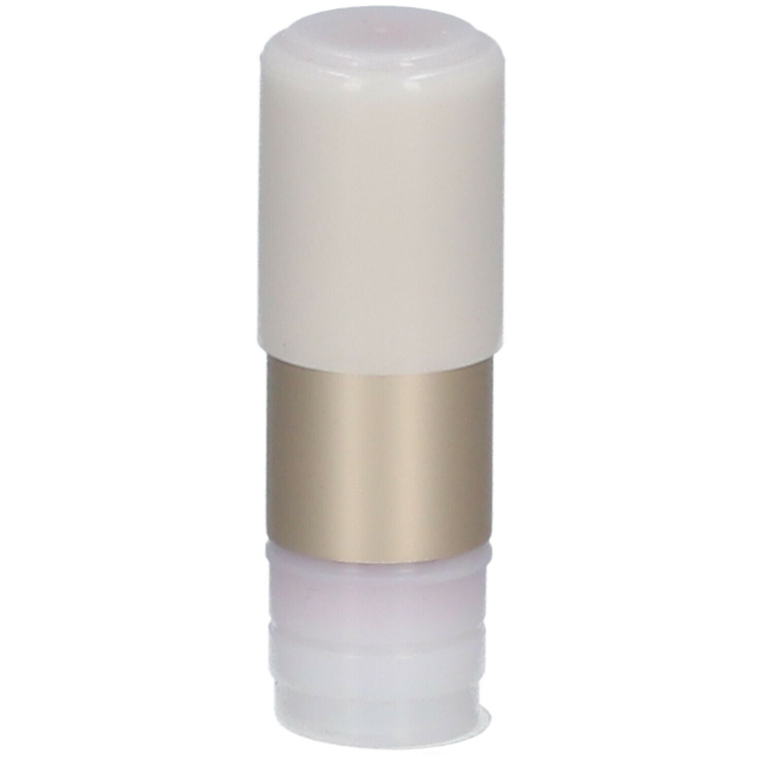 Lippenstift-Refill. Weißer Deckel, goldfarbener Mittelteil, transparente Unterseite. Schriftzug: i.am.klean.