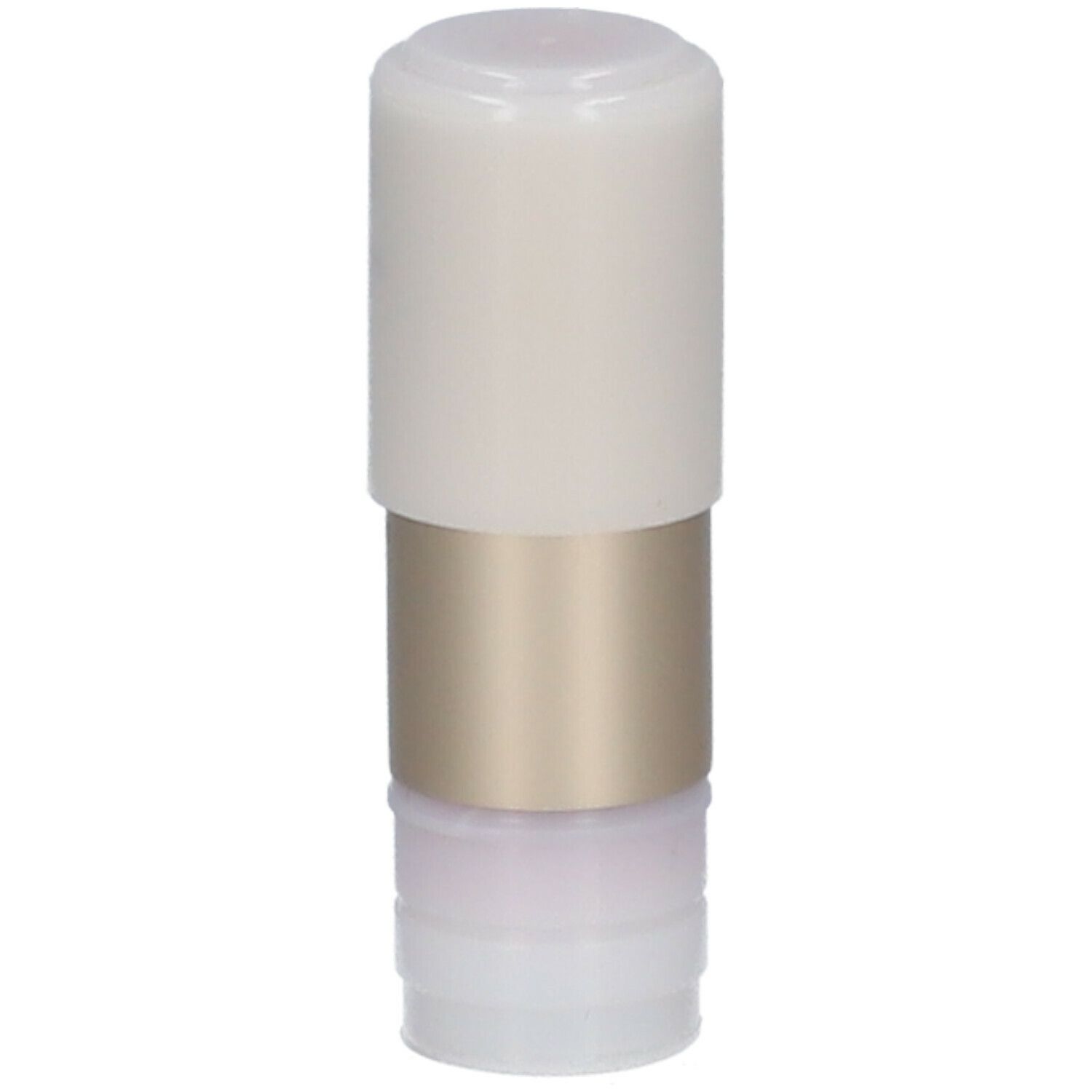 Lippenstift-Refill. Weißer Deckel, goldfarbener Mittelteil, transparente Unterseite. Schriftzug: i.am.klean.