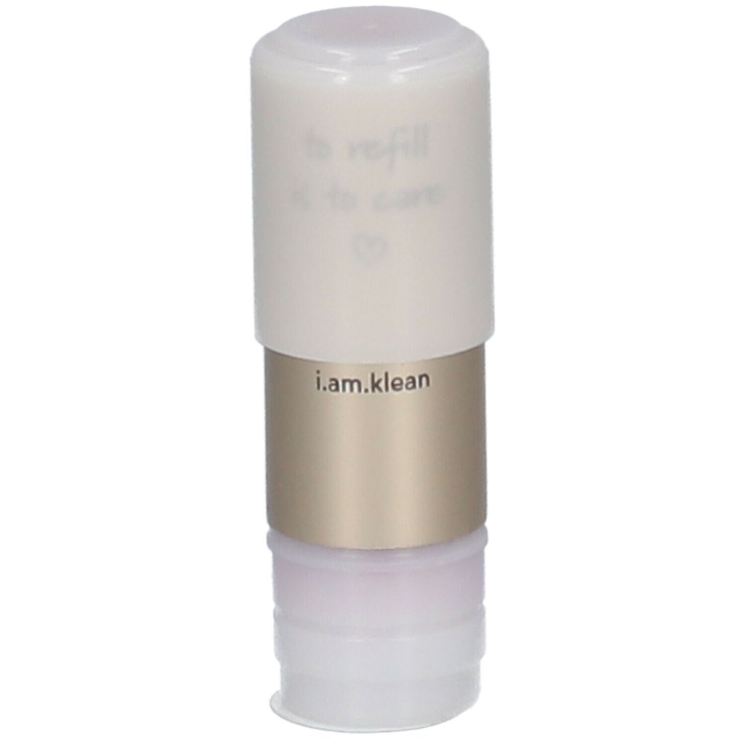 Lippenstift-Refill. Weißer Deckel, goldfarbener Mittelteil, transparente Unterseite. Schriftzug: i.am.klean.