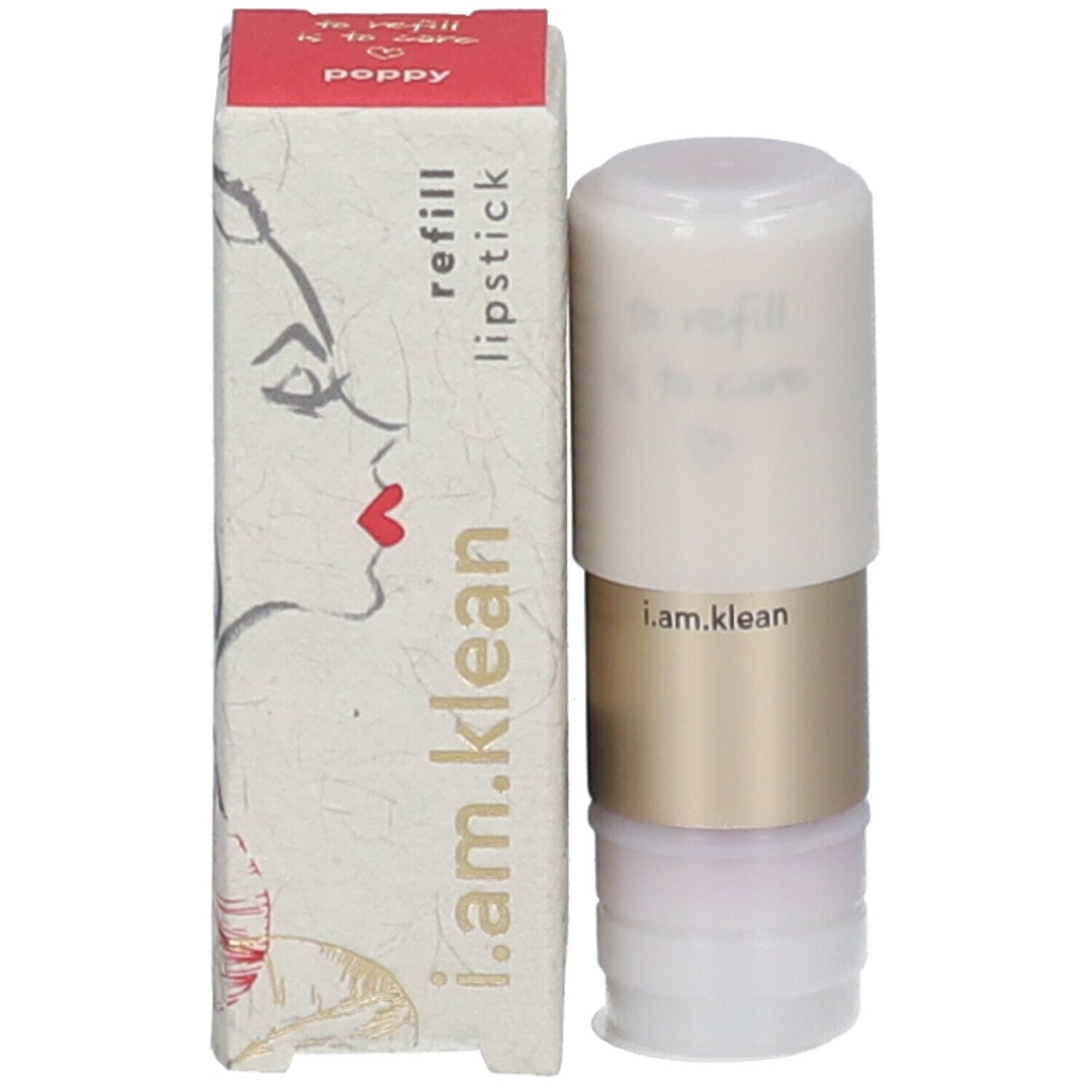 Lippenstift-Refill und Verpackung. Lippenstift: weiß, gold, transparent. Verpackung: rot, Schriftzug, Gesichtsskizze.
