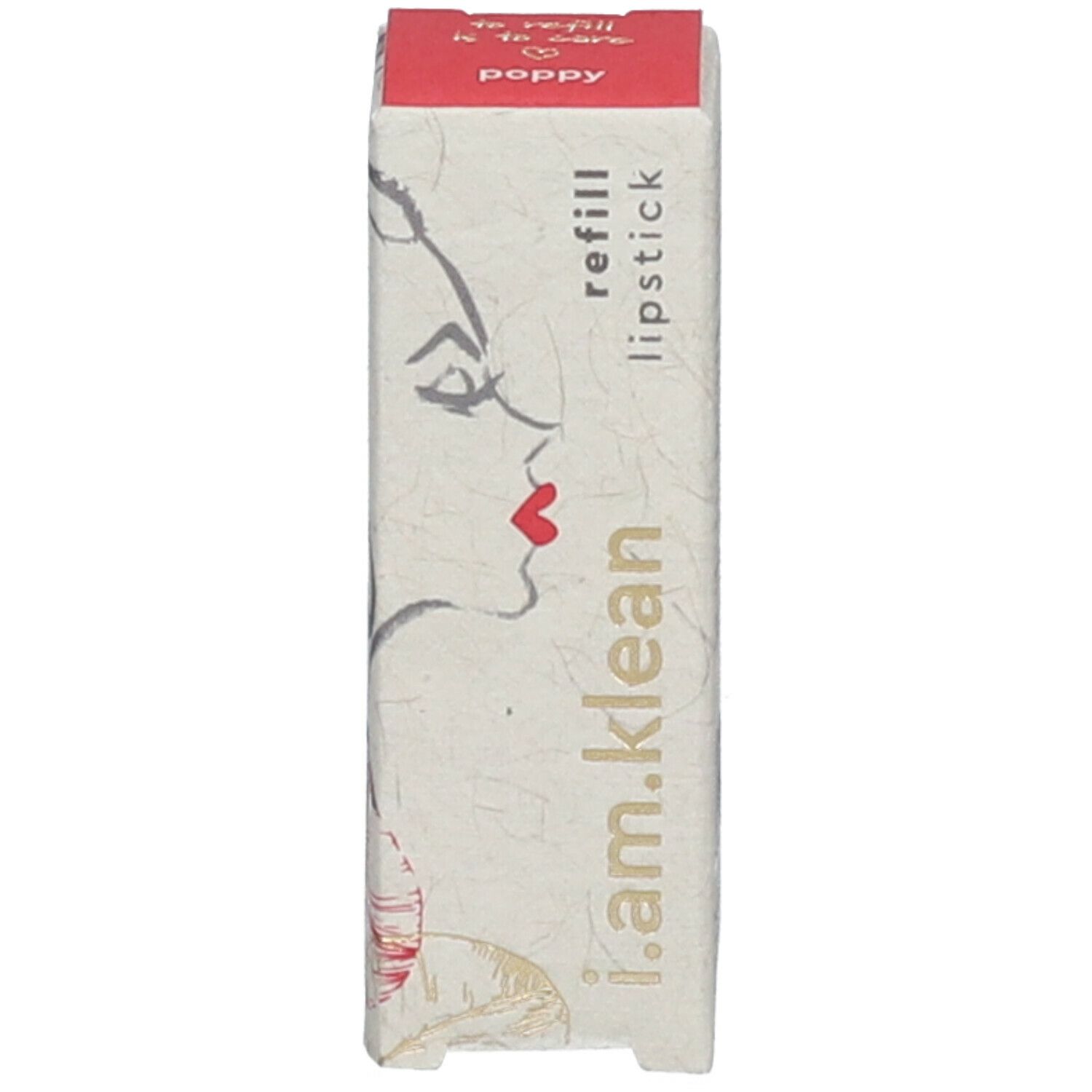 Verpackung für Lippenstift-Refill. Rot, Schriftzug, Gesichtsskizze. Schriftzug: i.am.klean, poppy, refill lipstick.