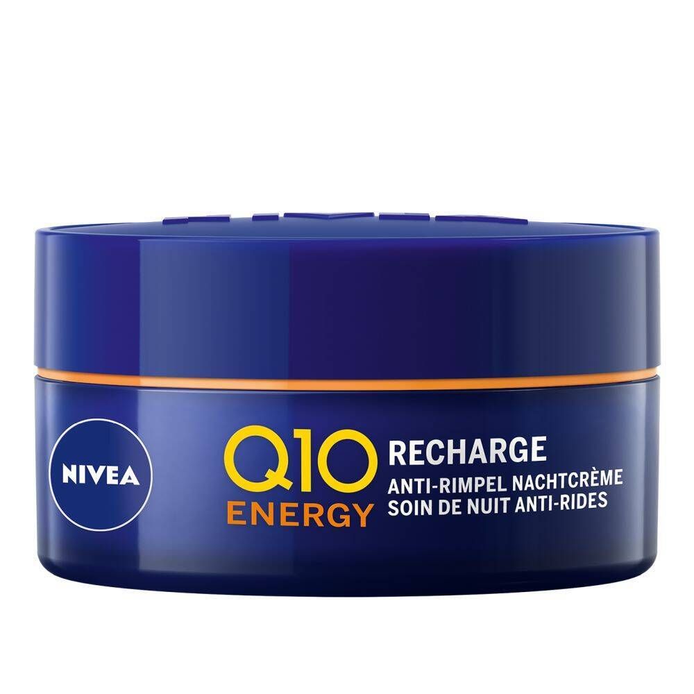 Pot de crème bleu avec logo Q10 Energy jaune et logo Nivea blanc. Texte : Soin de nuit anti-rides.