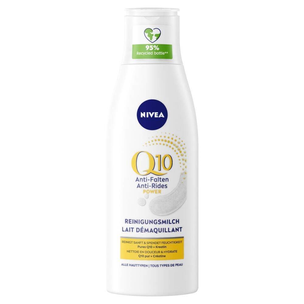 Flacon blanc avec logo NIVEA et texte Q10. Inscription : Anti-rides, Lait démaquillant, 95% recyclé. Pour tous types de peau.