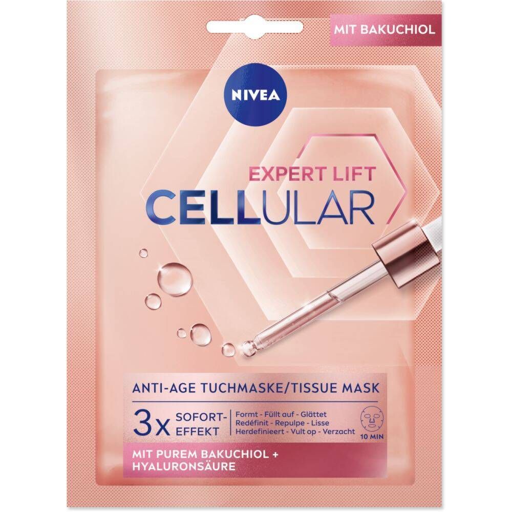 Masque tissu anti-âge NIVEA® Cellular Expert Lift. Emballage rose avec image et texte. Contient 3 masques.