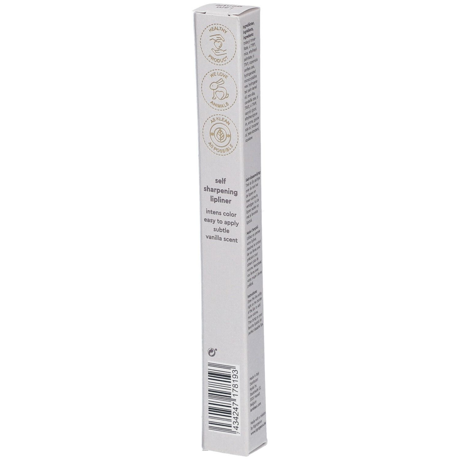 Emballage blanc avec informations sur le produit et certifications. Inscription : i.am.klean, crayon à lèvres auto-affûtant.