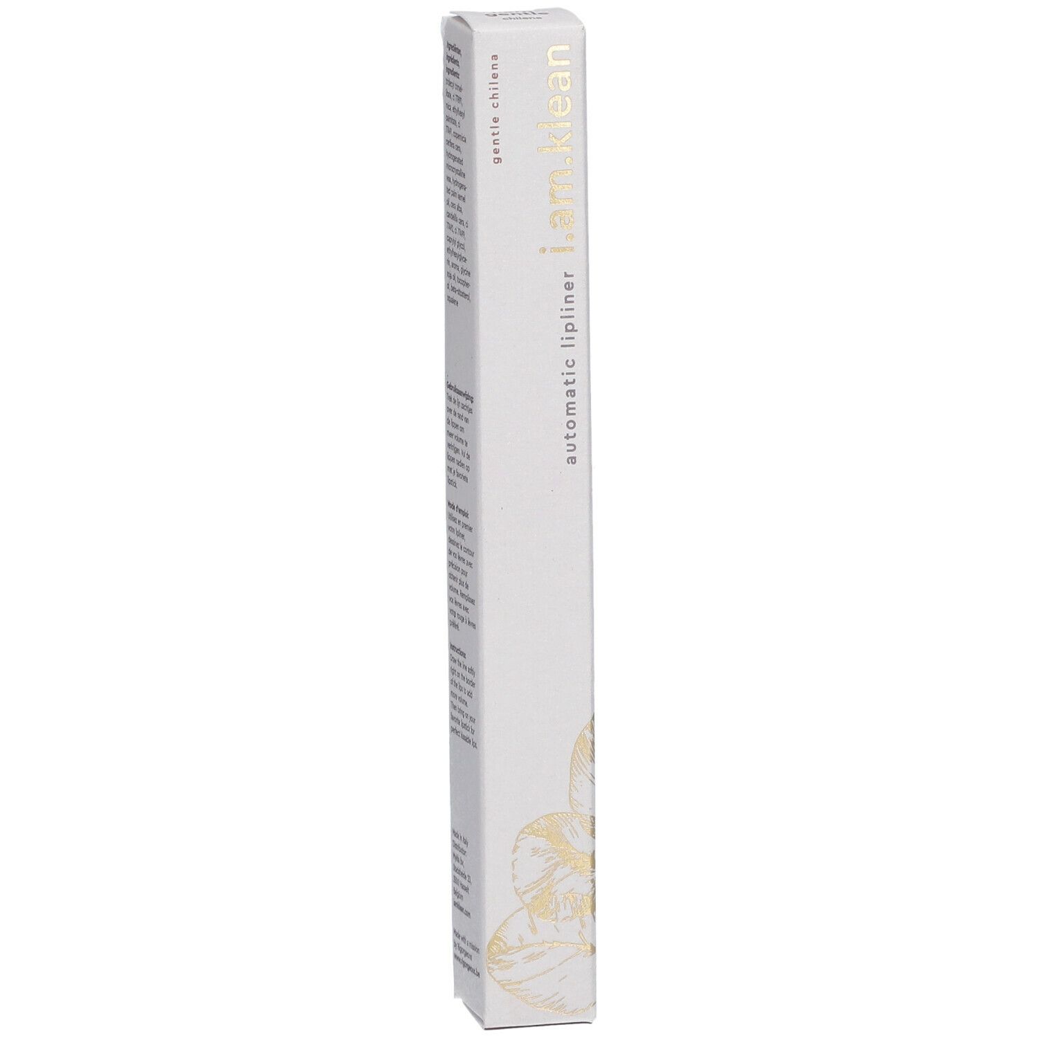 Emballage blanc avec impression dorée. Contient un crayon à lèvres automatique. Inscription : i.am.klean, gentle chilena.