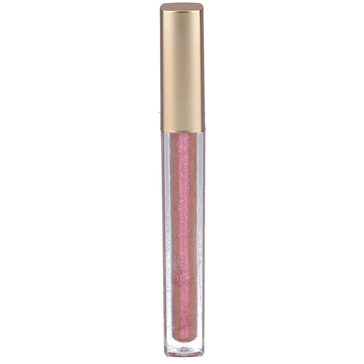 Tube de gloss avec bouchon doré. Le contenu est rose scintillant.