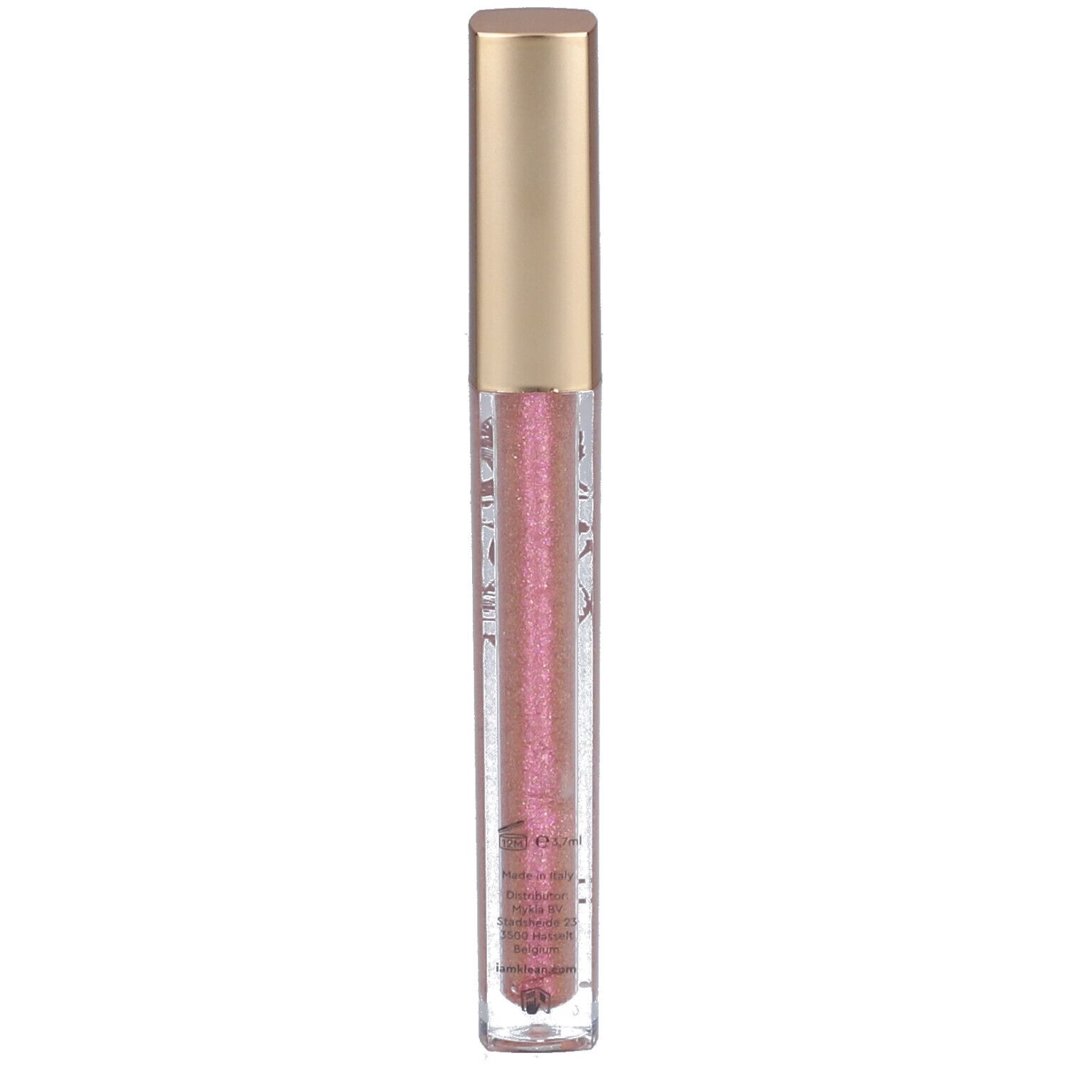 Tube de gloss avec bouchon doré. Le contenu est rose scintillant.