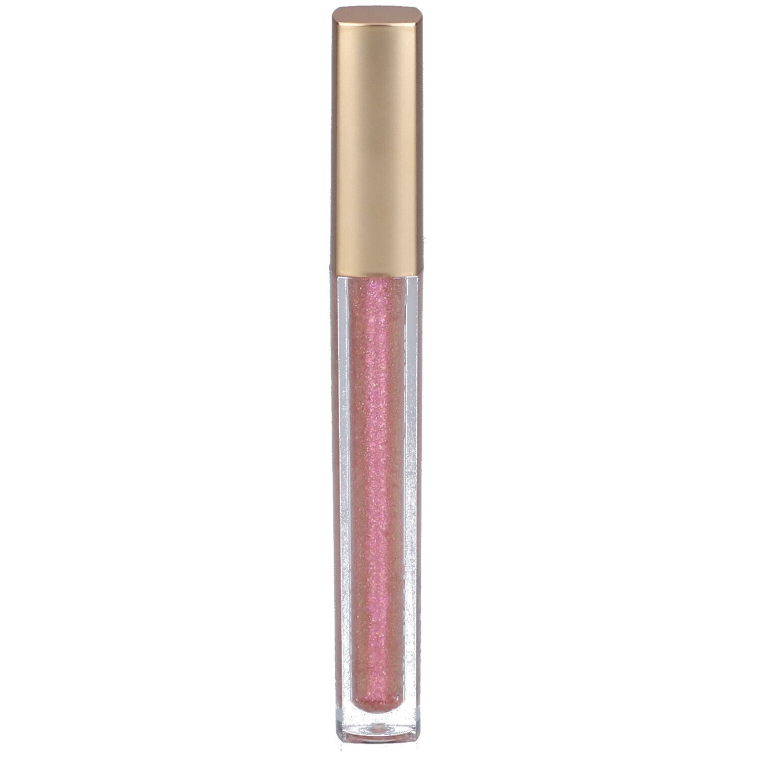 Tube de gloss avec bouchon doré. Le contenu est rose scintillant.