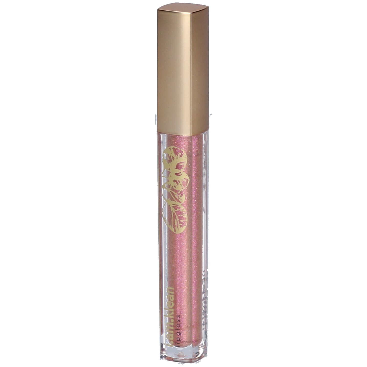 Tube de gloss avec bouchon doré. Le contenu est rose scintillant. .am.klean lipgloss est écrit sur le tube.