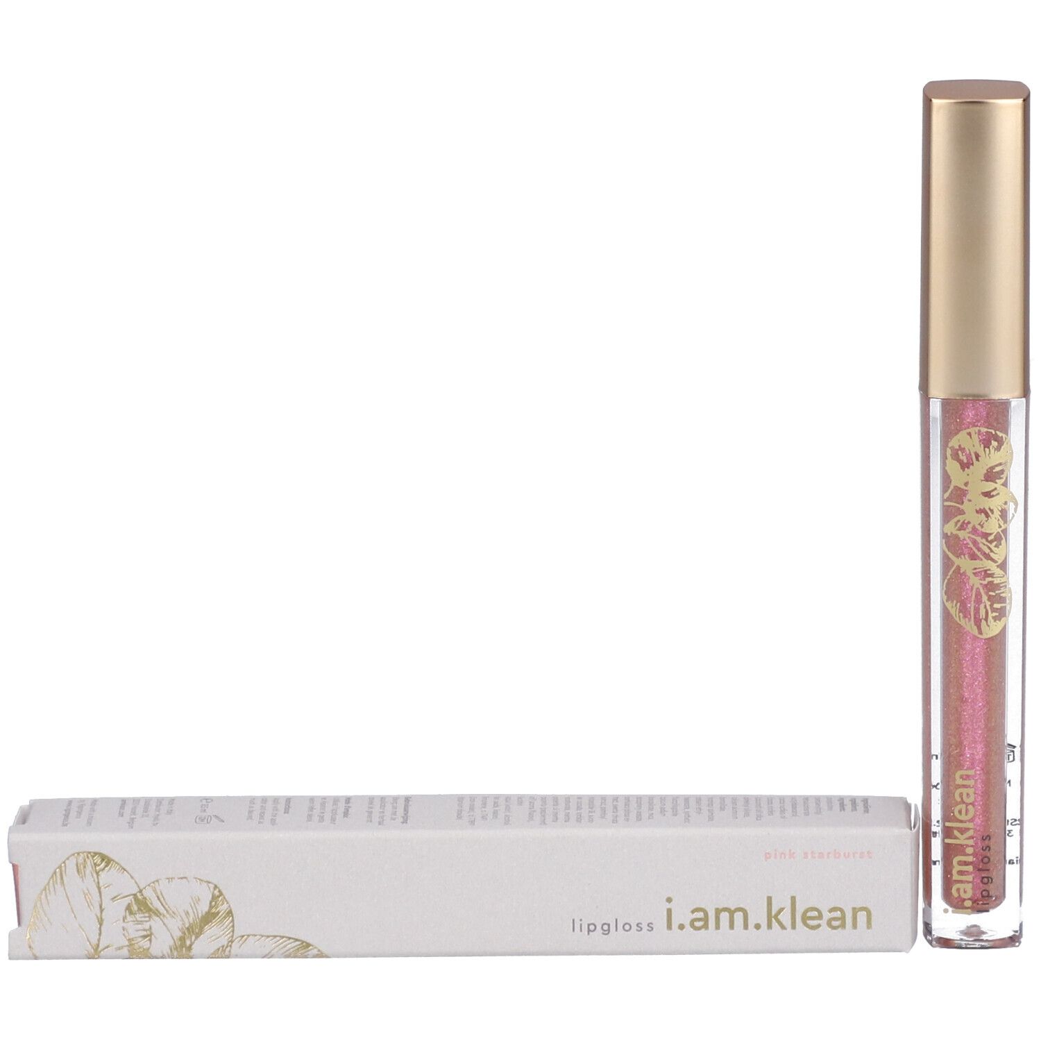 Tube de gloss avec bouchon doré et emballage. i.am.klean lipgloss est écrit sur l'emballage.