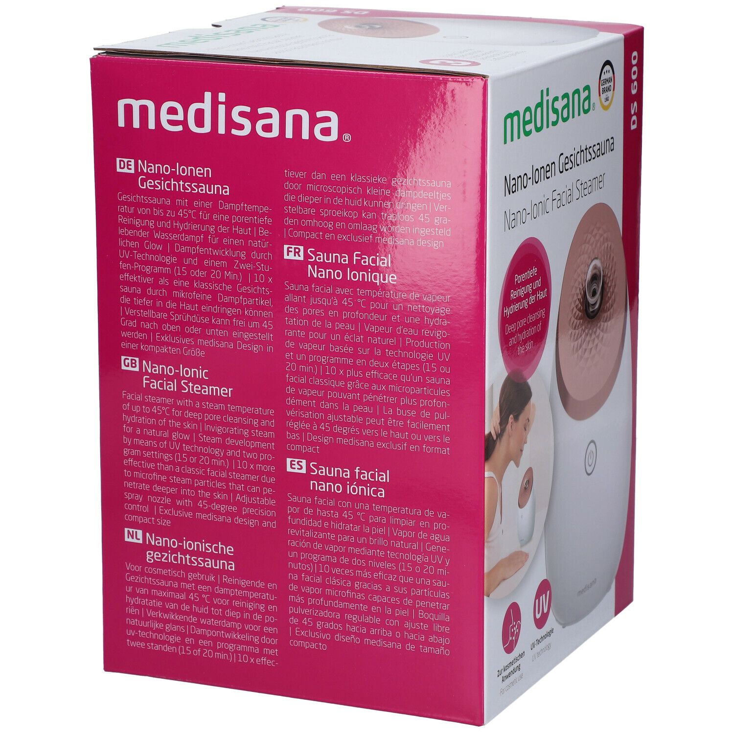 Verpakking van Medisana® Sauna Facial Nano-Ionique DS 600. Roze-witte doos met afbeelding en tekst. UV-technologie.