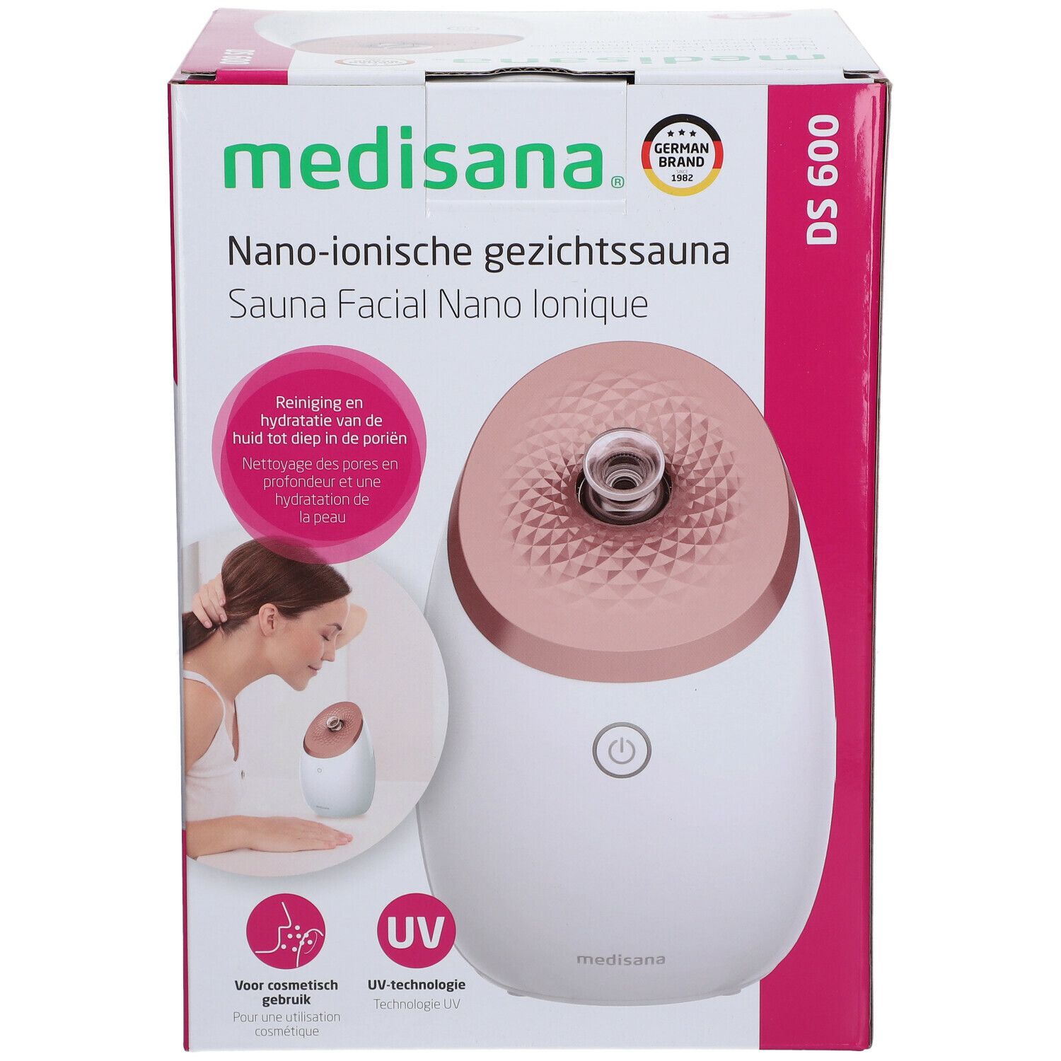 Medisana® Sauna Facial Nano-Ionique DS 600 op verpakking. Wit apparaat met roze ring. UV-technologie.