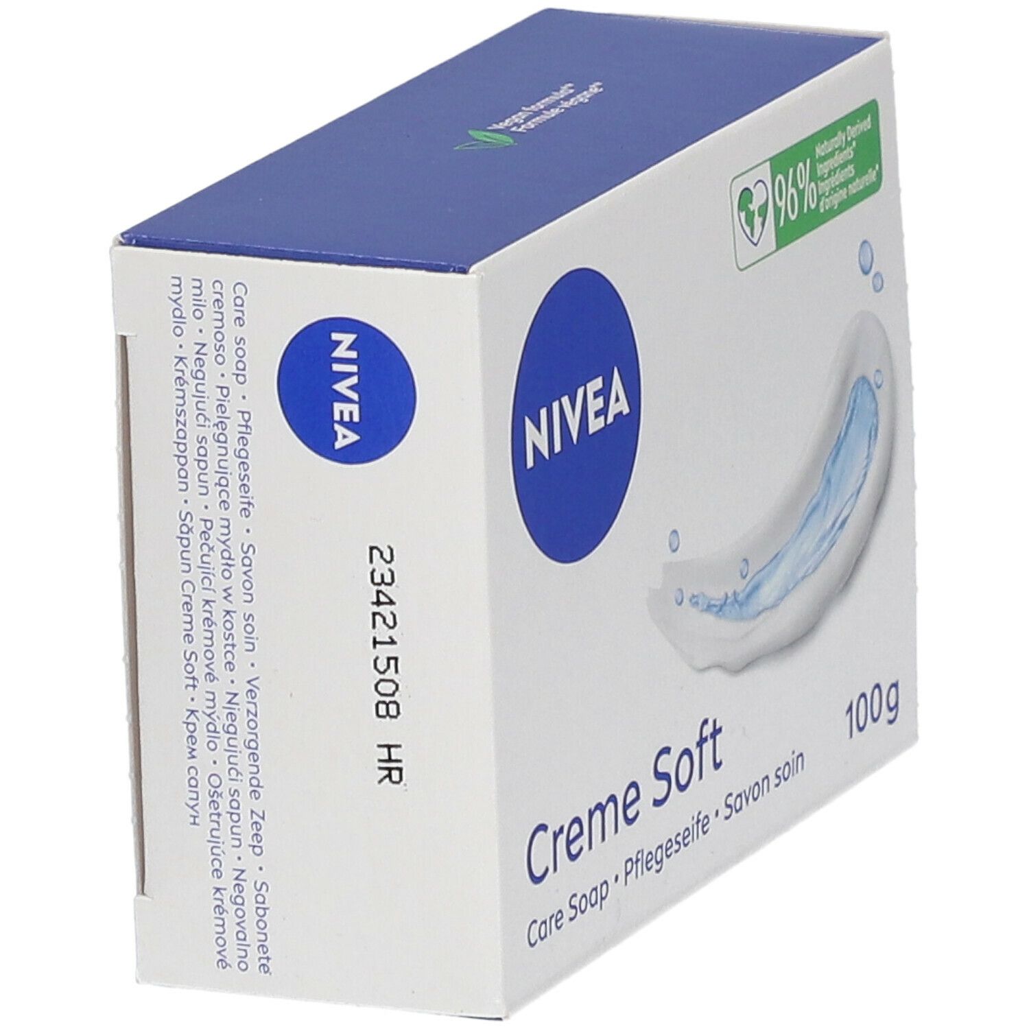 Doos met NIVEA-logo en Creme Soft-tekst. 96% ingrediënten van natuurlijke oorsprong. 100g. Meertalige teksten.