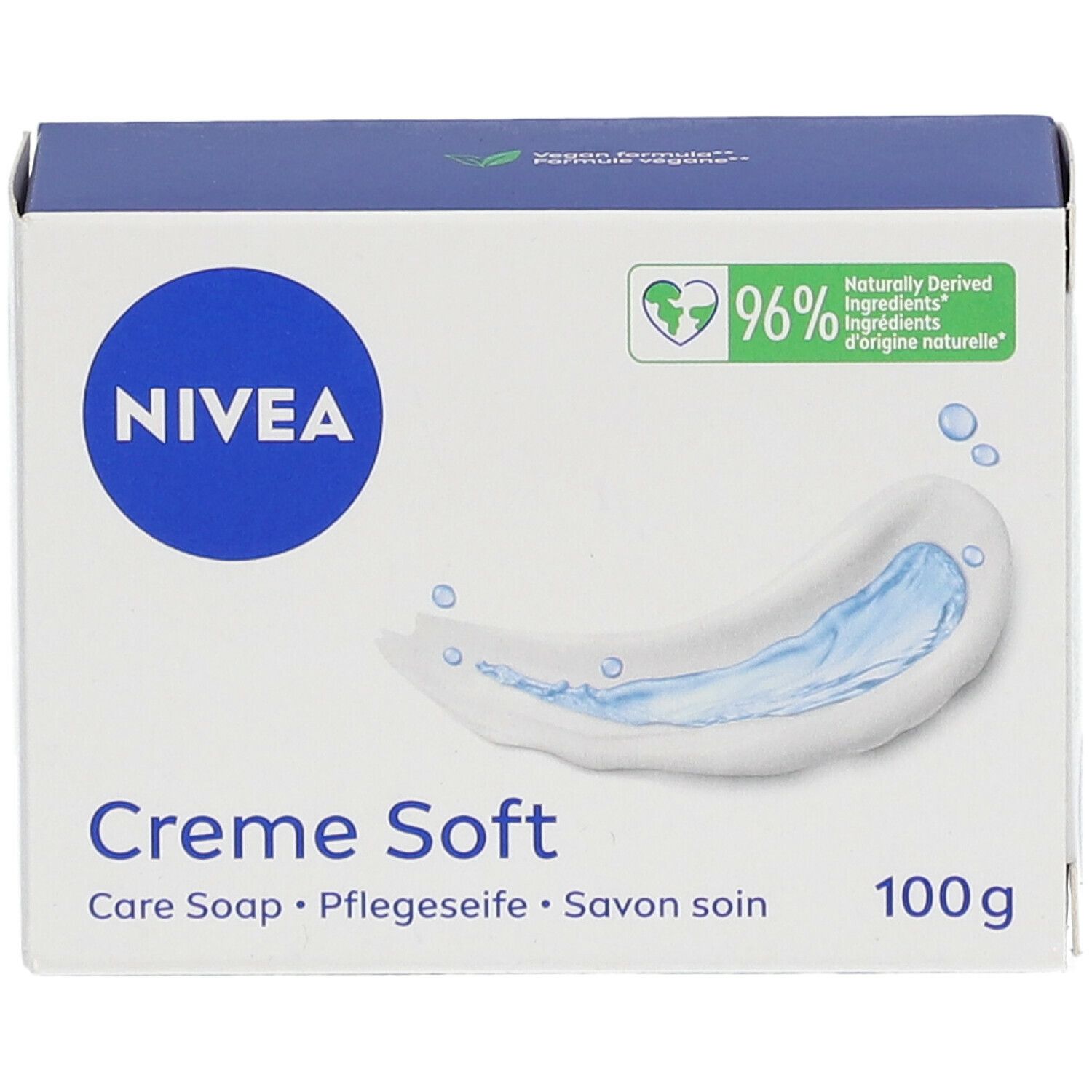 Witte doos met NIVEA-logo en Creme Soft-tekst. 96% ingrediënten van natuurlijke oorsprong. 100g.