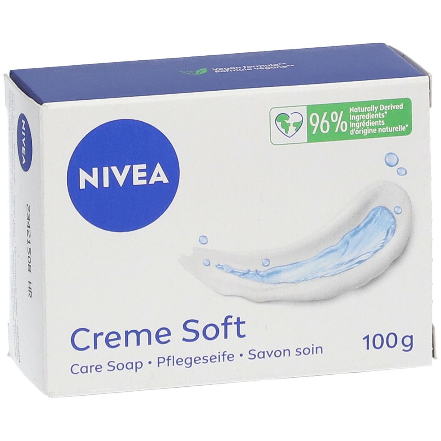 Witte doos met NIVEA-logo en Creme Soft-tekst. 96% ingrediënten van natuurlijke oorsprong. 100g.
