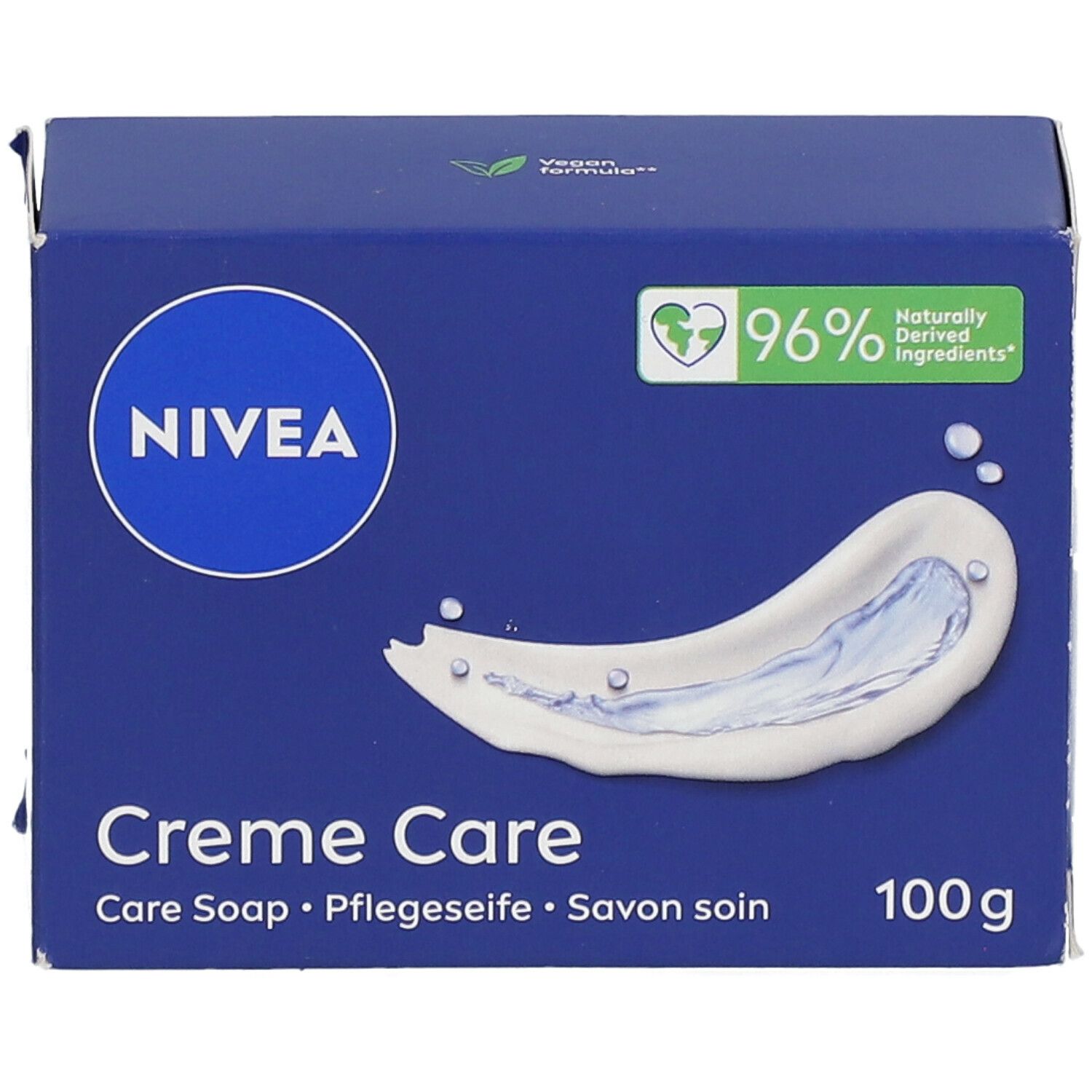 Boîte bleue Nivea Crème Care, Savon soin. Ingrédients naturels à 96%. Logo Vegan. Poids net 100g.