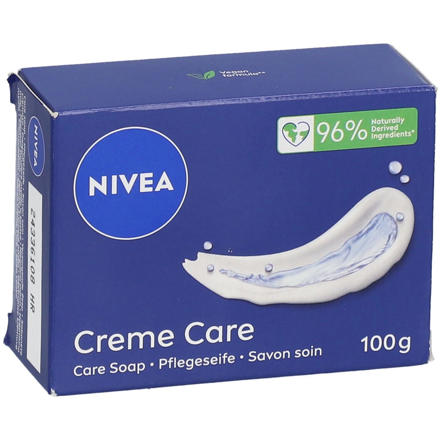 Boîte bleue Nivea Crème Care, Savon soin. Ingrédients naturels à 96%. Logo Vegan. Poids net 100g.