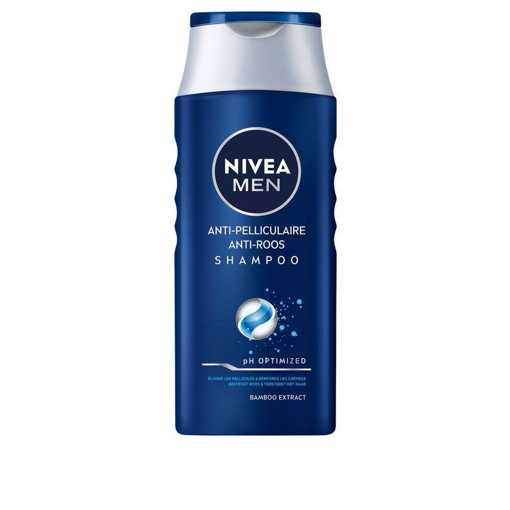 Flacon bleu de shampooing antipelliculaire Nivea Men. Bouchon blanc, logo et texte. Inscription : Anti-pelliculaire, Anti-roos, Shampooing.