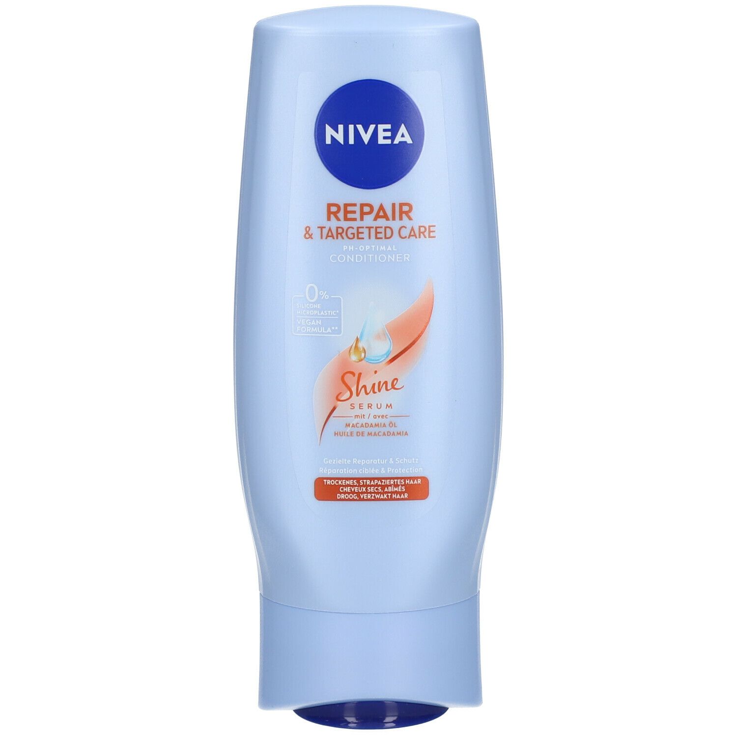 Lichtblauwe fles Nivea. Tekst: Repair & Targeted Care, Shine Serum. Oranje grafiek. Conditioner voor droog, beschadigd haar.